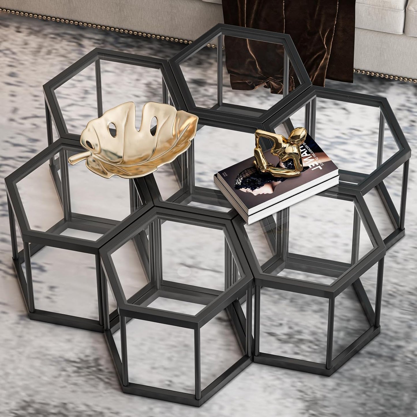 Coffee Table Glass Modern Coffee Table, Hexagon Free Combination Glass Center Table Small End Tables with Metal Frame for Living Room Set of 1