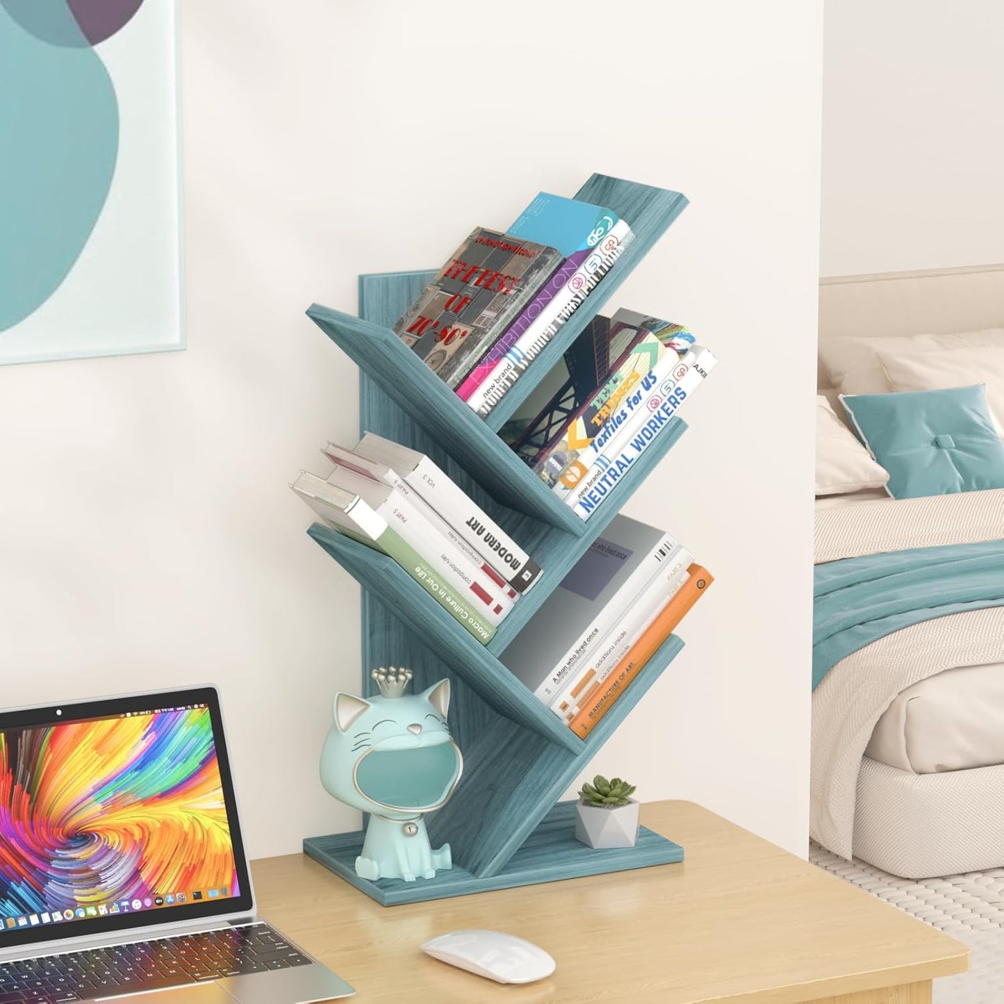 5 Tier Tree Book Shelf, Small Desktop Bookshelf with Storage Organizer, Wood Bookcase, Desk Display Bookshelves, Floor Standing Organizer Bookcases for Living Room,Bedroom,Office-Blue