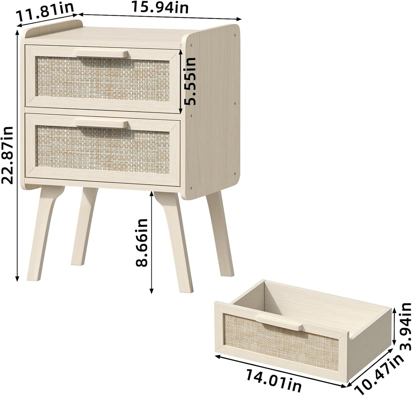 Lerliuo Rattan Nightstands Set of 2, Boho Night Stand with 2 Drawers, Cane Accent Side End Table, Bedside Table with Solid Wood Legs for Bedroom, Dorm and Small Spaces (Grey Oak)