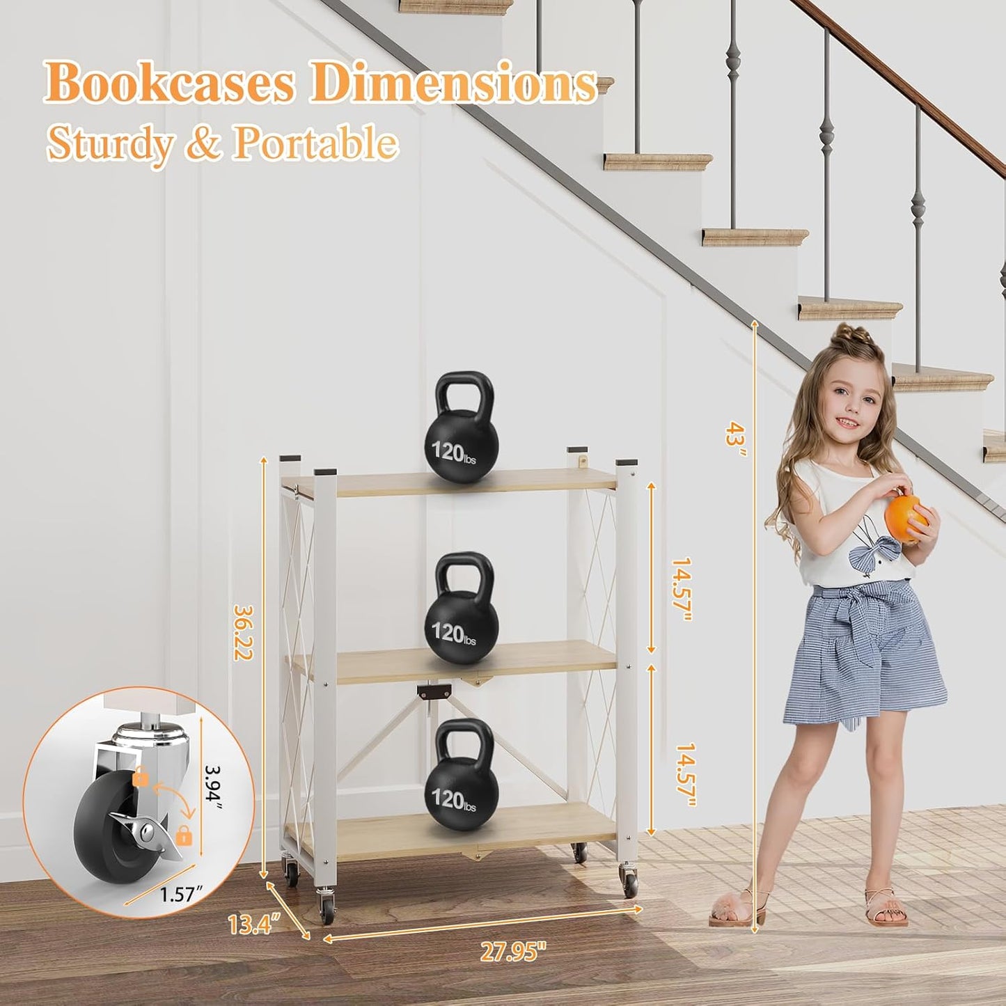 BAOYOUNI 3-Tier Vintage Industrial Bookshelf - No Assembly Folding Storage Shelf with Woodgrain Finish | Collapsible Metal Bookcase for Living Room, Office & Bedroom