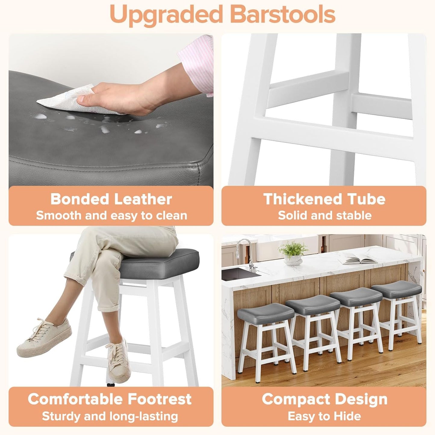 Counter Height Bar Stools Set of 2, 24 Inch Barstools for Kitchen Counter, Kitchen Stools with Bonded Leather Saddle Seats & Heavy Duty Metal Legs, Easy Assembly, Gray/White