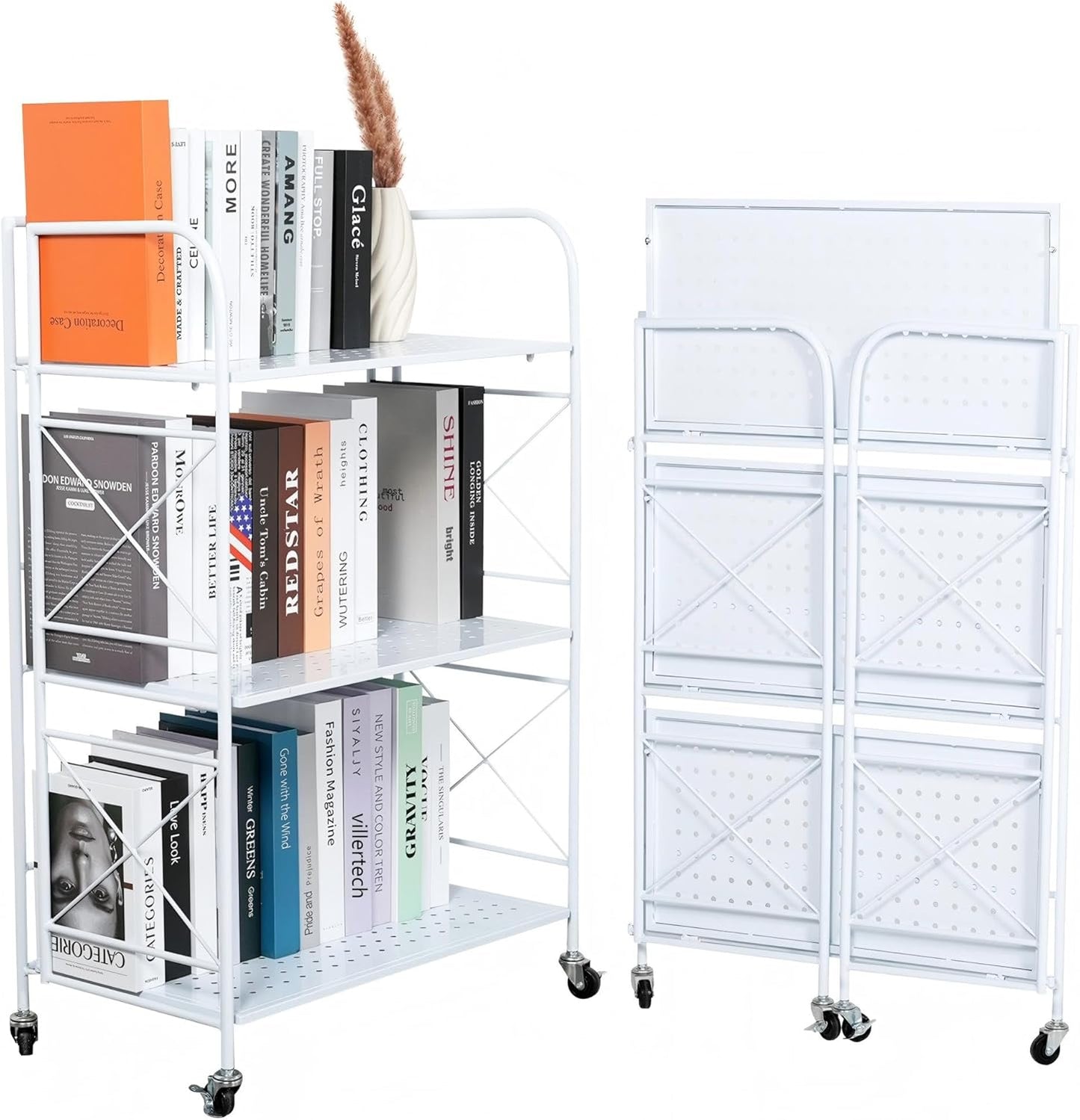 Foldable 3-Tier Metal Shelf with Wheels - Folding Bookshelf Unit for Living Room, Kitchen, Study 12.6" D x 23.6" W x 33.8" H, Glossy White