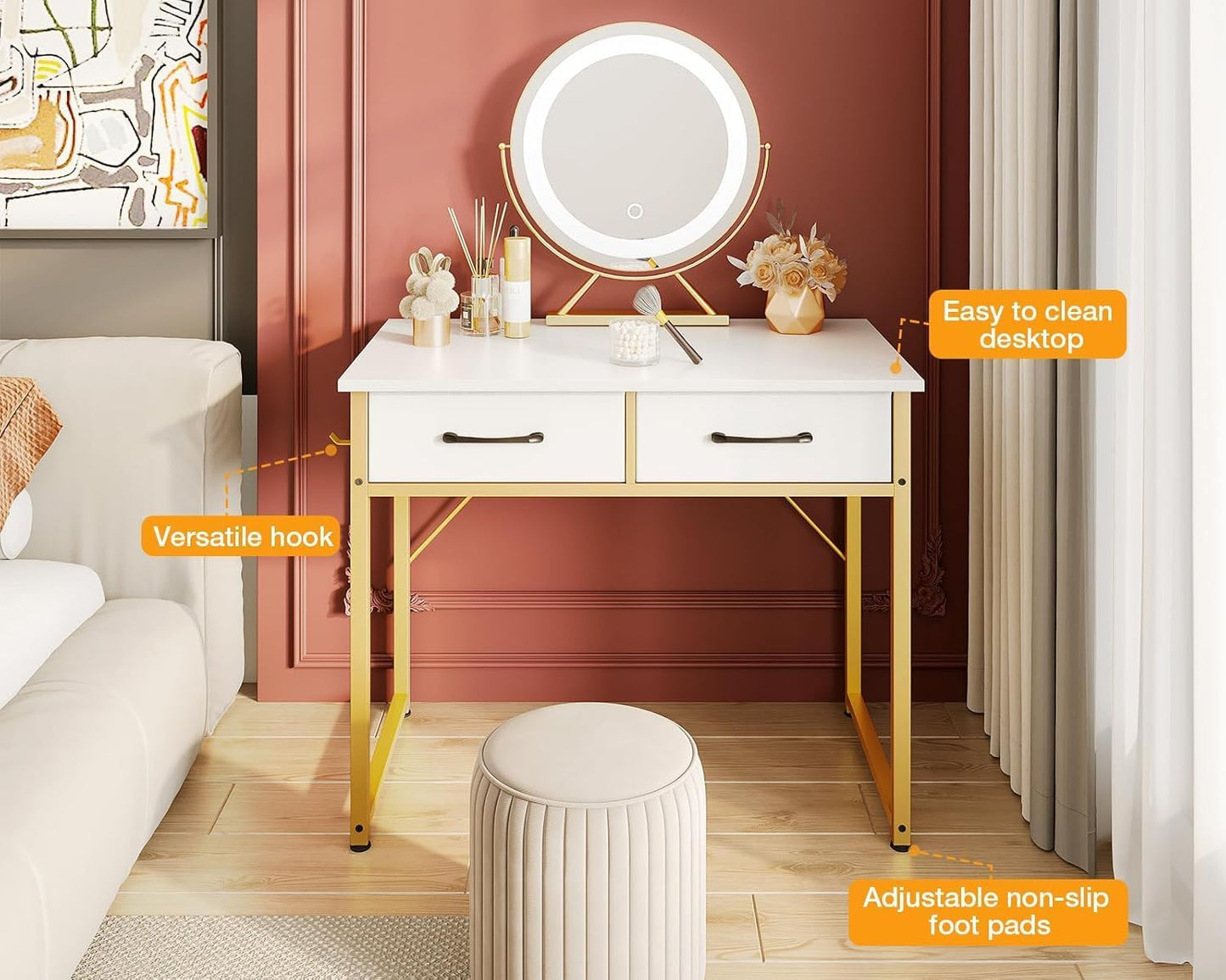 Casaottima 32 Inch Small Dressing Vanity Desk with 2 Drawers & Headphone Hook, Makeup Vanity Desk for Bedroom Without Mirror,Modern Space-Saving Design for Small Spaces White-Gold