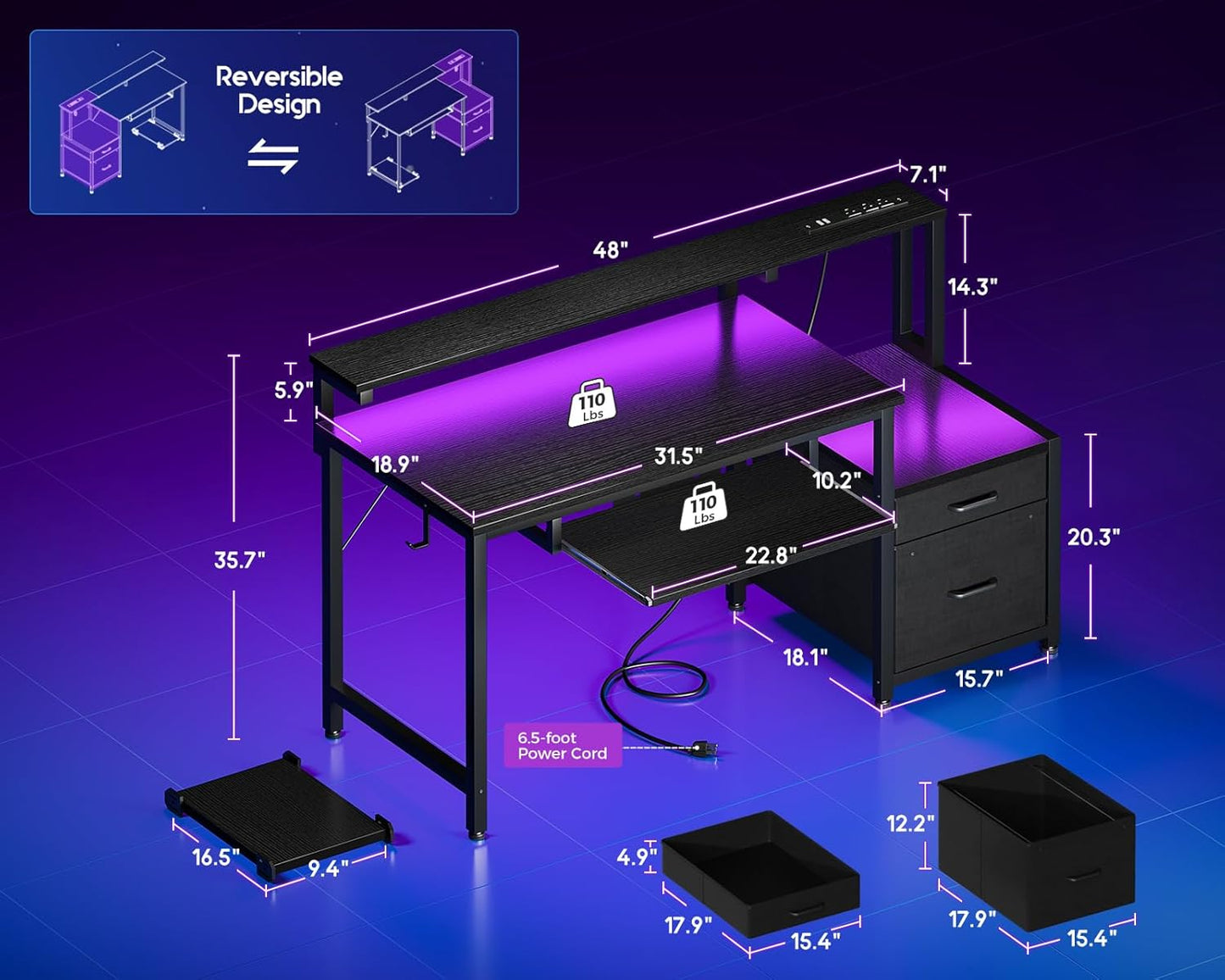 AODK Computer Desk with Drawers and Keyboard Tray, 48" Office Desk with Power Outlet and LED Lights, Reversible Study Work Desk with Printer Shelf and PC Stand for Home Office, Black