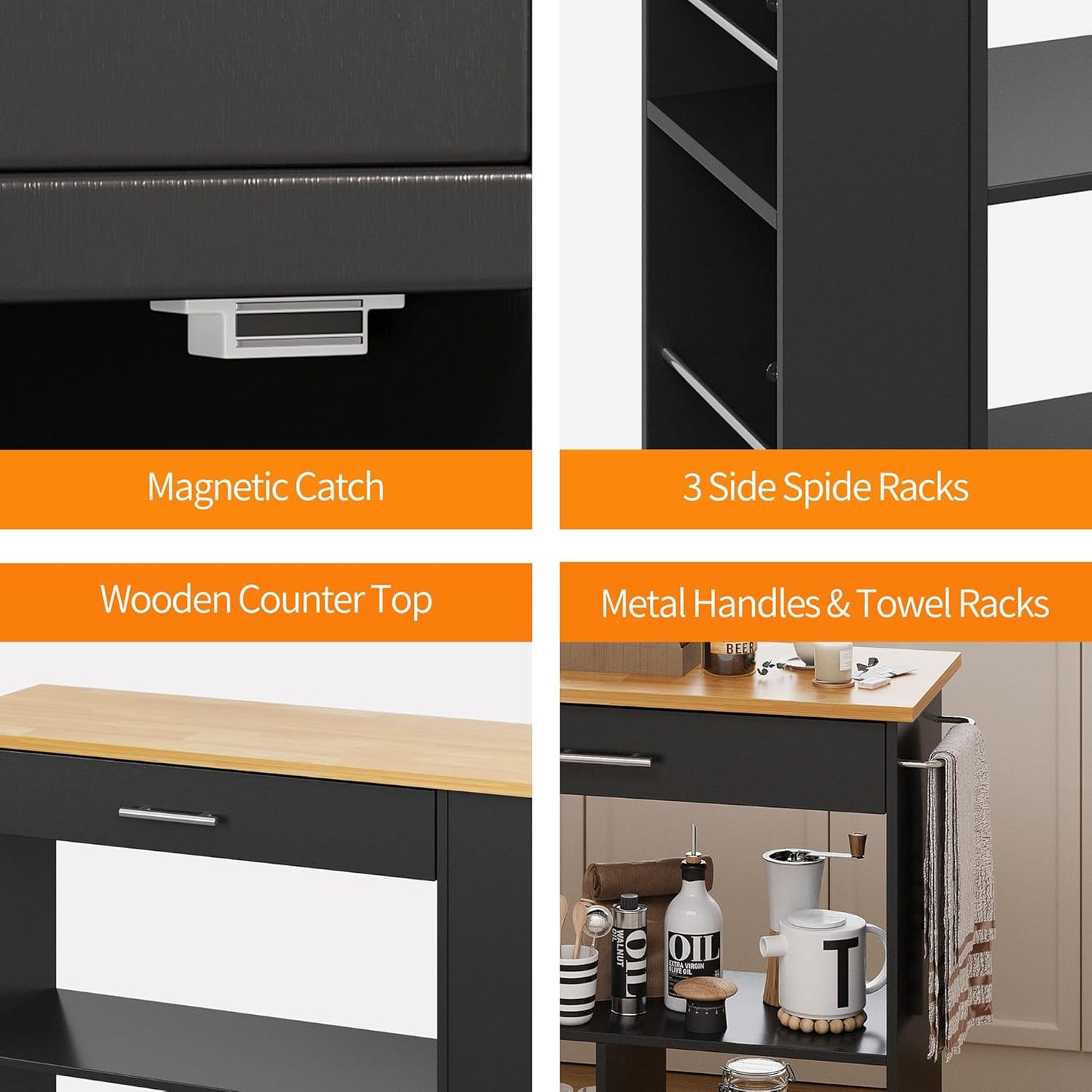 Shintenchi Kitchen Island on Wheels with Storage, Wheeled Island & Cart with 3-Tier Spice Rack, 3 Open Shelves and 1 Drawer, Black