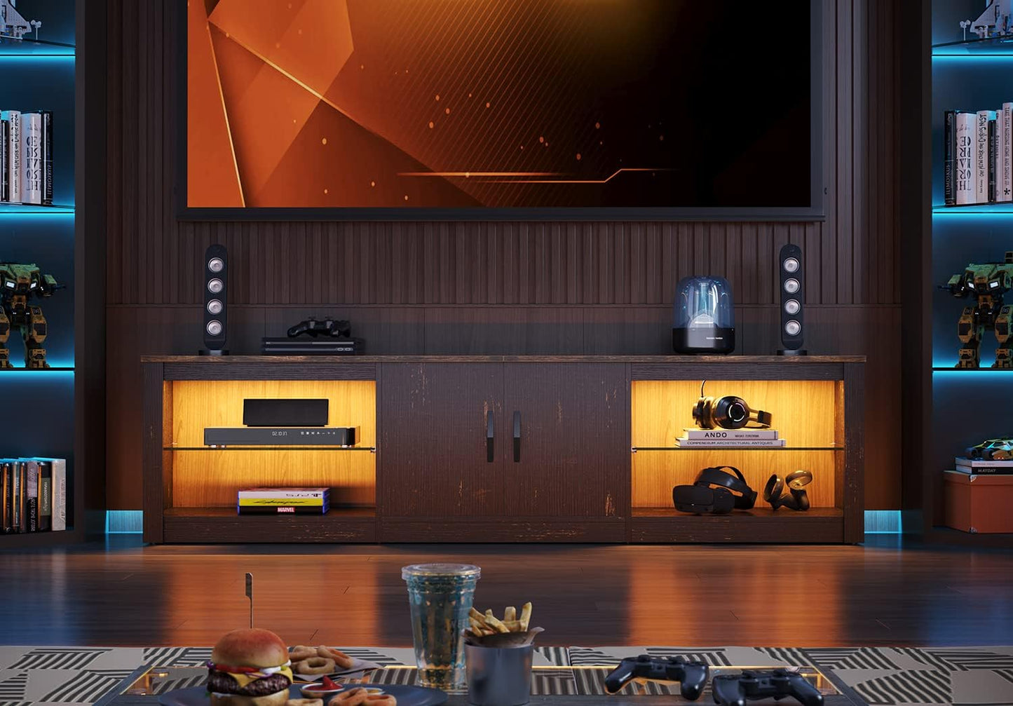 Bestier 70 Inch Led TV Stand for 75 Inch TV Large Entertainment Center Gaming with Adjustable Glass Shelves Two Cabinets Modern TV Console for Living Room 22 RGB Modes, Golden Black