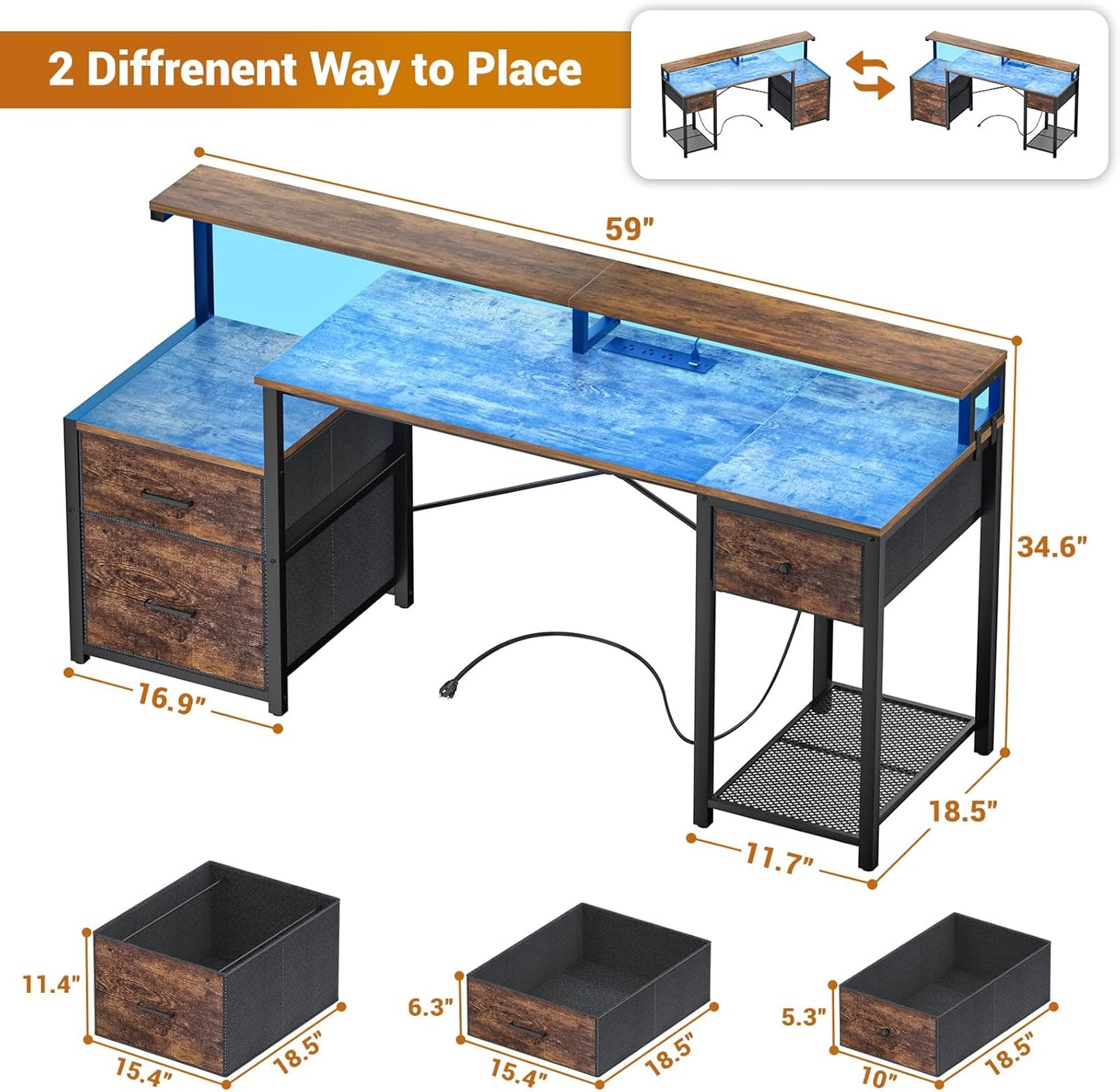 Aheaplus Computer Desk with 3 Drawers, Home Office Desk with File Drawer & Power Outlet, 59'' Gaming Desk with Led Lights, Long Work Desk with Storage, Printer Cabinet and Monitor Shelf, Rustic Brown