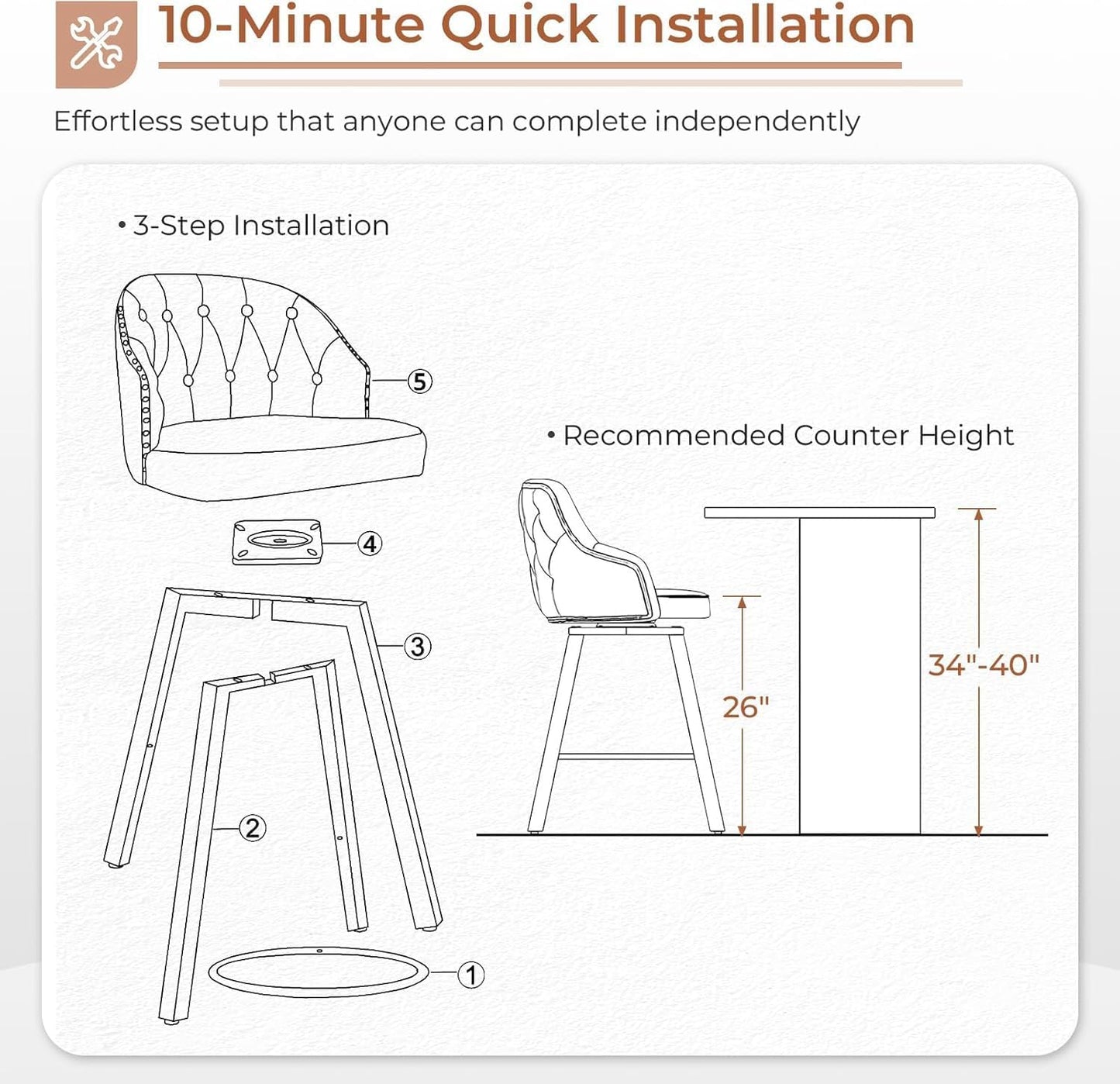 Tatub 26“ Brown Swivel Bar Stools Set of 2, Counter Height Bar Stools with Back, Upholstered Faux Leather Kitchen Barstools Counter Height for Kitchen Island