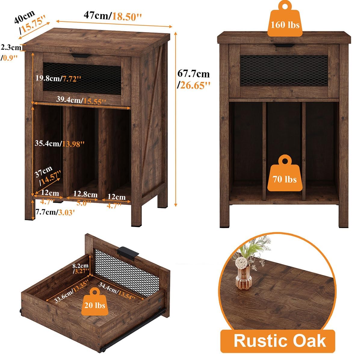 BON AUGURE Record Player Stand with Vinyl Storage, Farmhouse Record Player Cabinet End Table Holds up to 160 Albums, Brown Turntable Stand for Living Room, Bedroom, Office (Rustic Oak)