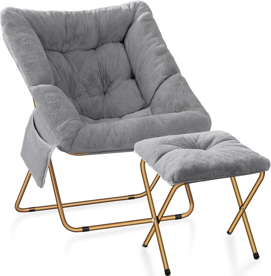 Comfy Saucer Chair for Adults, Foldable Living Room Chairs, Soft Faux Fur Lounge Chair for Bedroom, Reading Chairs, X-Large (Ottoman-Grey)
