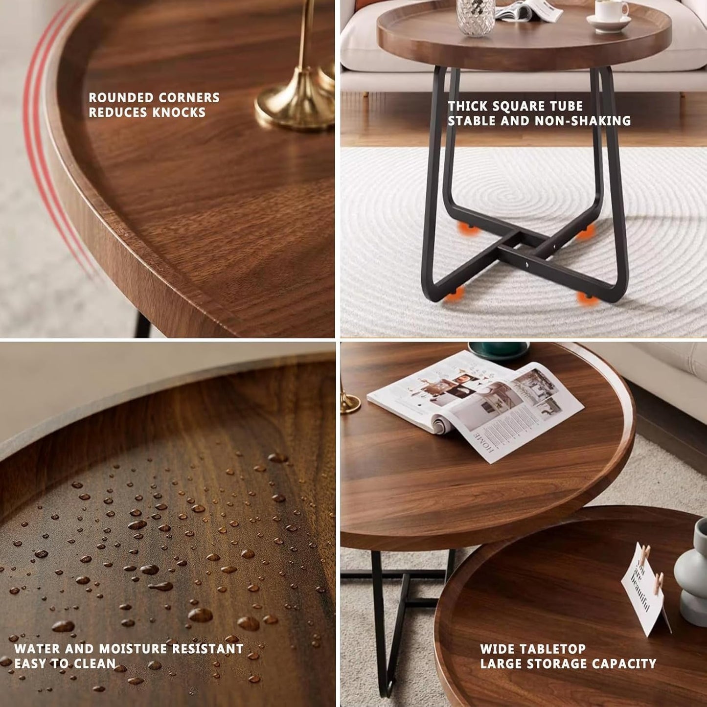 Round Nesting Coffee Table Set of 2, 28" Round Walnut with Fluted,Mid Century Modern,Center for Living Room Bedroom Office Balcony Yard