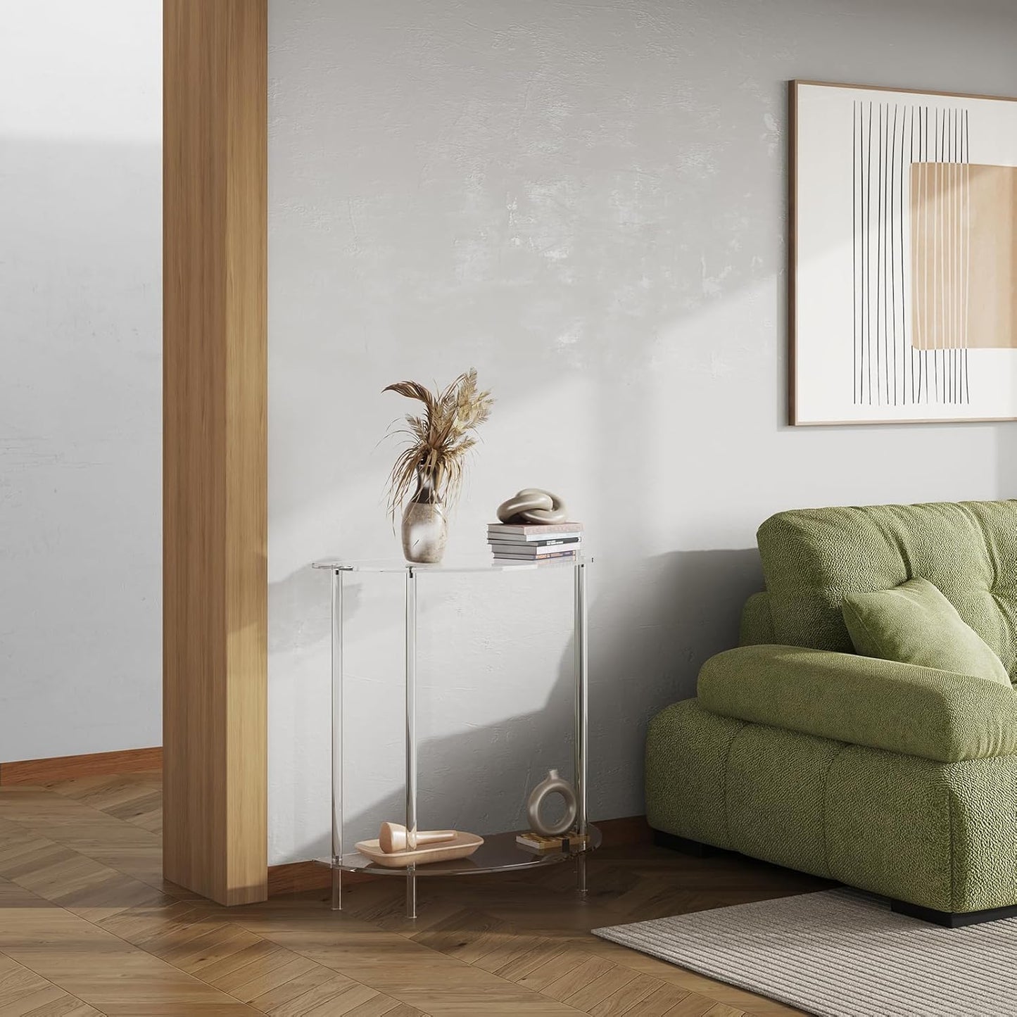 Acrylic Console Table, 2-Tier Half Moon Sofa Couch Table with Storage Shelf, 29.53" Narrow Entryway Table for Bedroom, Living Room, Foyer, Hallway (Clear)