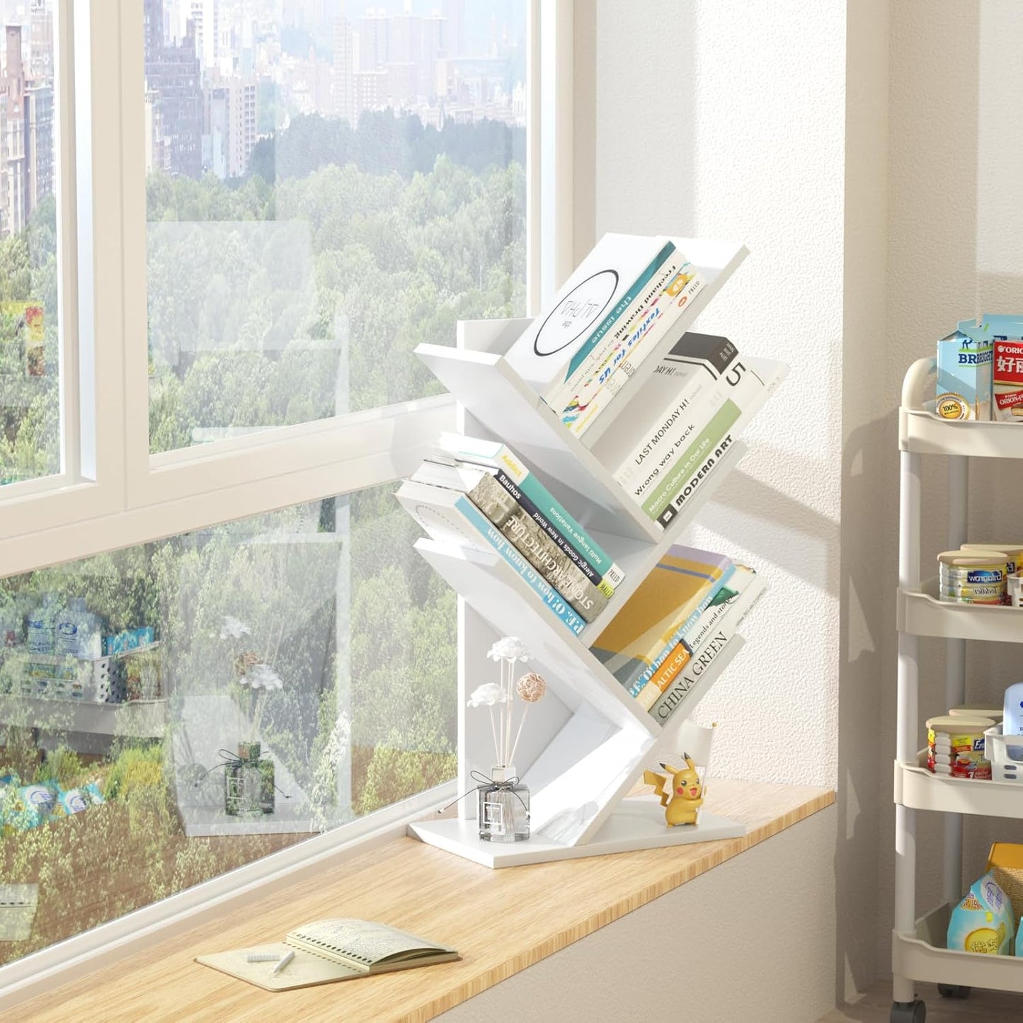 5 Tier Tree Book Shelf, Small Desktop Bookshelf with Storage Organizer, Wood Bookcase, Desk Display Bookshelves, Floor Standing Organizer Bookcases for Living Room,Bedroom,Office-White