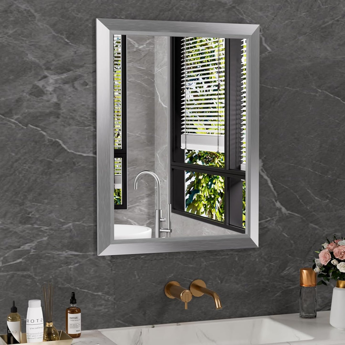 Amorho 24x32 Inch Bathroom Mirror Silver, Thick Metal Framed Wall Mirrors for Over Sink, Brushed Nickel Mirror Perfect for Bedroom, Living Room, Entryway, Rectangle (Horizontal/Vertical).