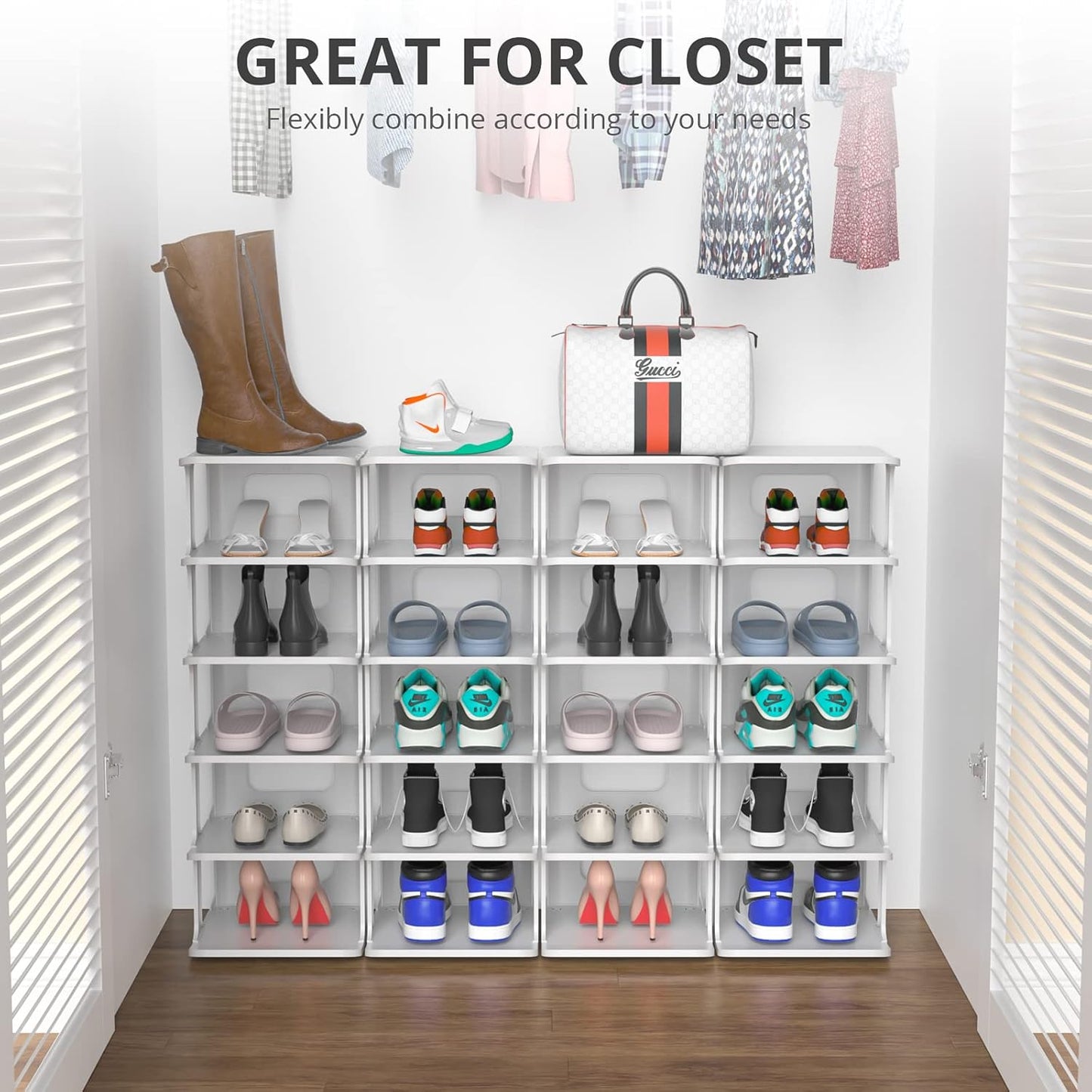 ZOINLIY Stackable Shoe Organizer for Closet, Small Shoe Rack for Entryway, Bedroom, Dorm Rooms, Free Standing Shoe Shelf, Plastic Shoe Cubby for Small Space, Grey Space Saver Shoe Holder