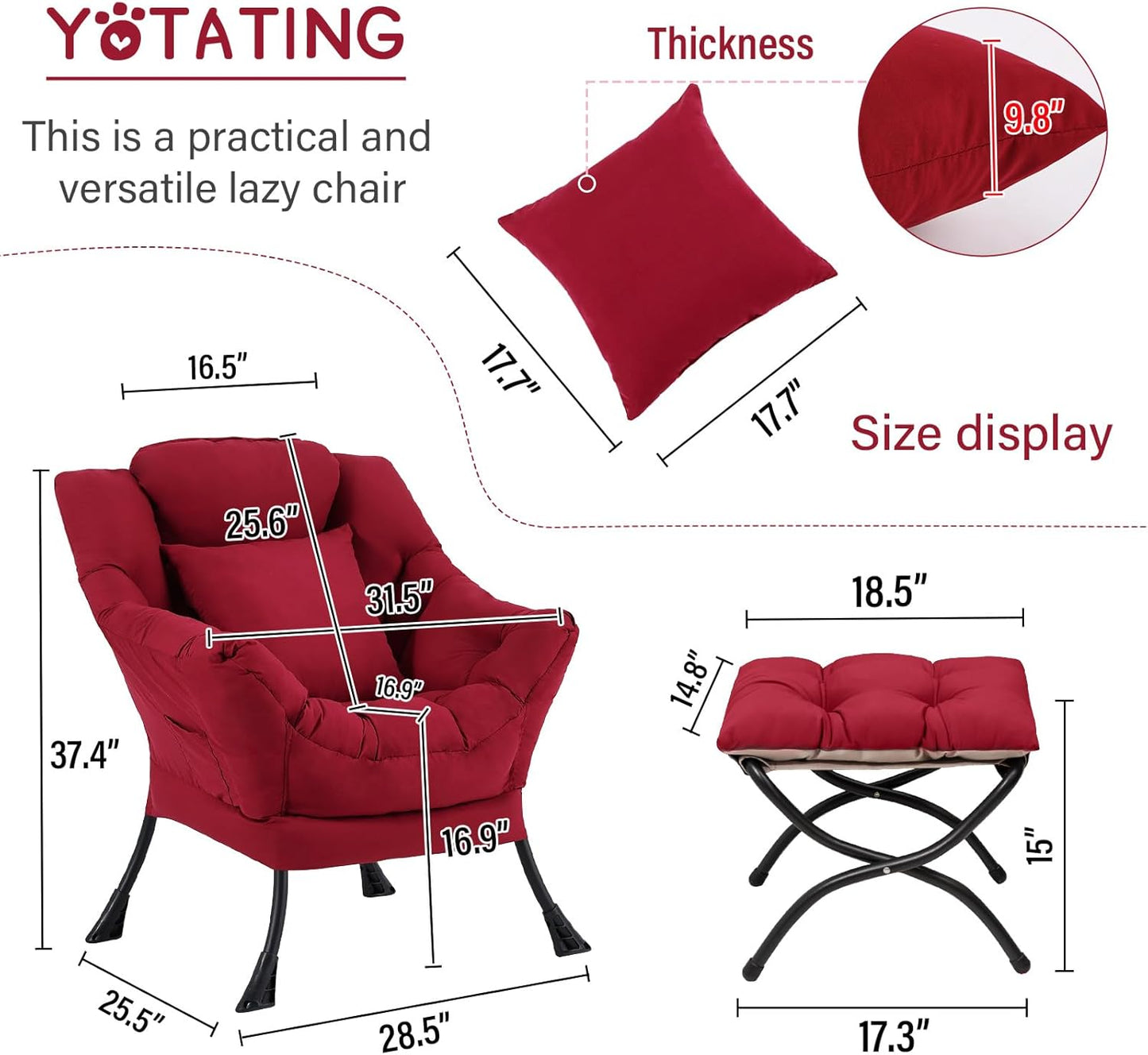 Lazy Chair with Ottoman, Comfy Reading Lounge Chair with Footstool & Throw Pillow Modern with Armrests & Side Pocket for Living Room, Bedroom, Dorm Room, Burgundy