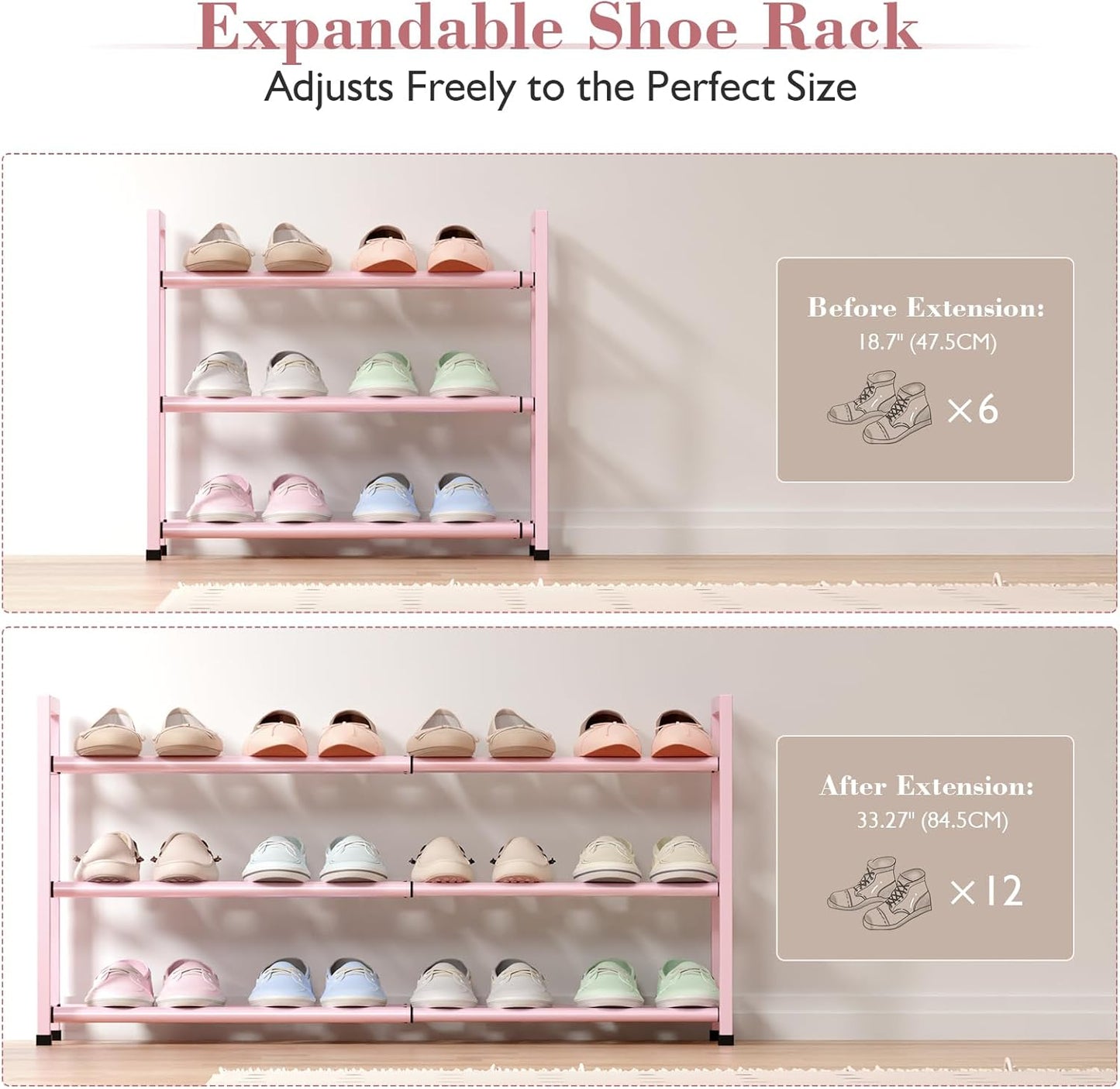Bumusty 3-Tier Expandable Shoe Rack for Closet, 18“-33” Adjustable Shoe Rack for Small Space, Small Shoe Organizer for Front Door, Sturdy Metal, Pink
