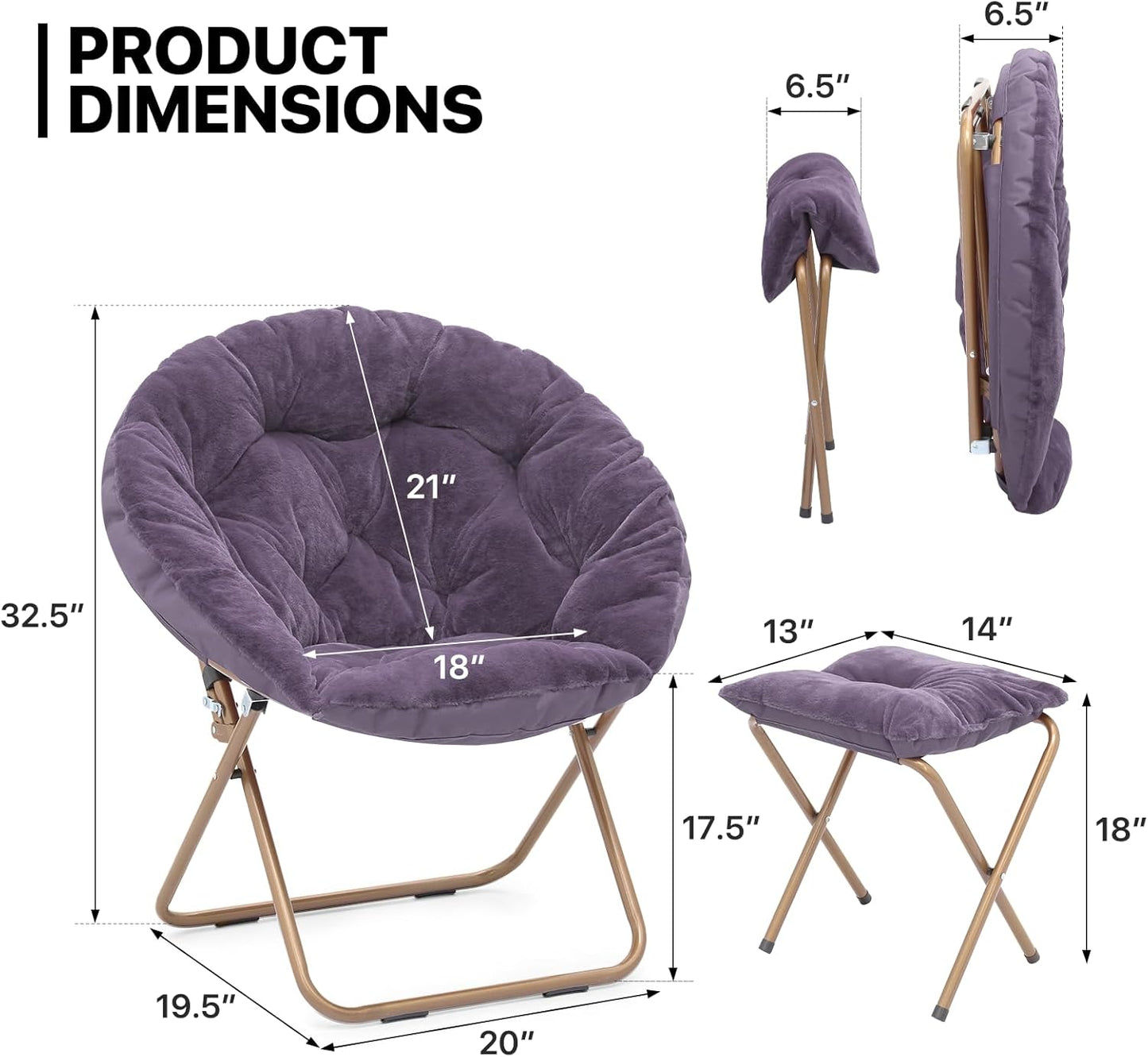 MoNiBloom Round Folding Faux Fur Saucer Chair for Bedroom Living Room Dorm Foldable Metal Frame Oversized Large Comfy Furry Padded Soft Cozy Moon Chair with Footrest Ottoman for Adults (Purple)