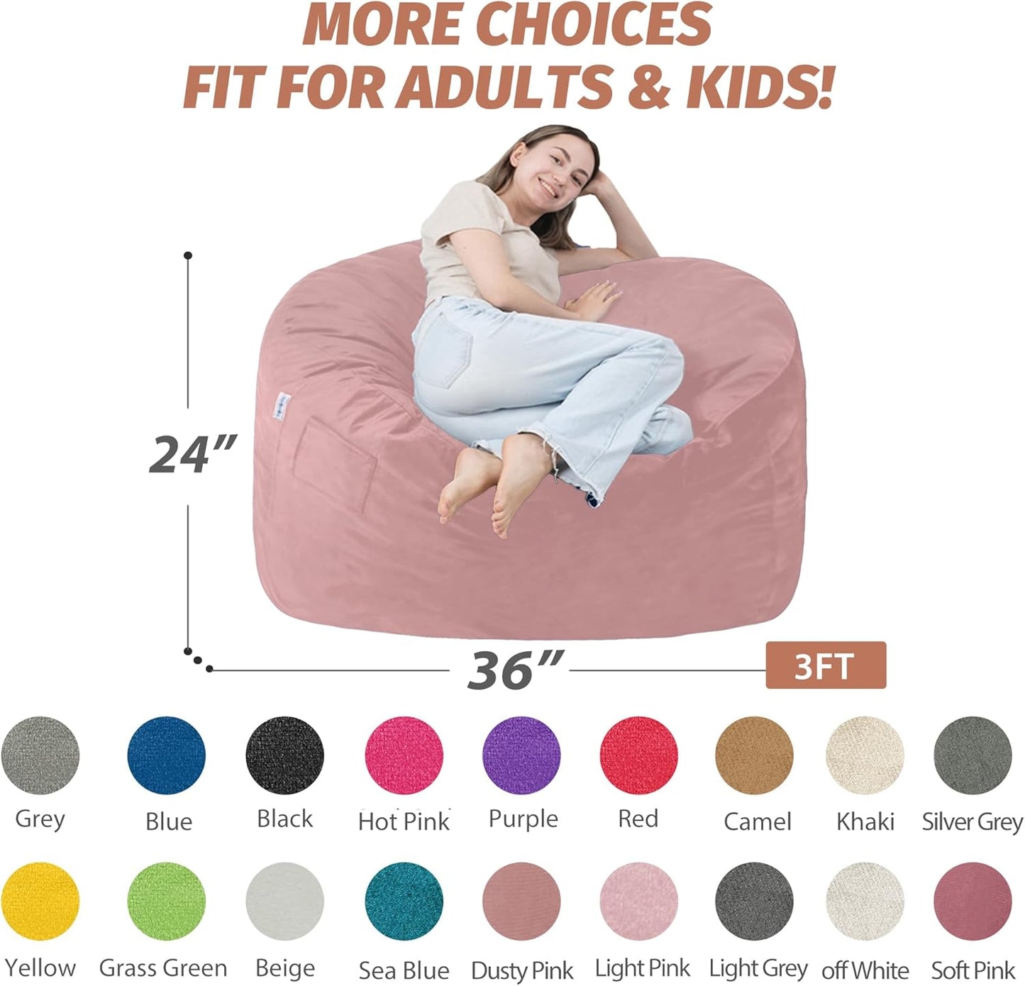 3FT Bean Bag Chair with Ultra Soft Velvet Cover Bean Bag Sofa with Memory Foam Bean Bag Chairs with Large Size Lazy Sofa for Dorm Office Living Room Bedroom Dusty Pink 3'