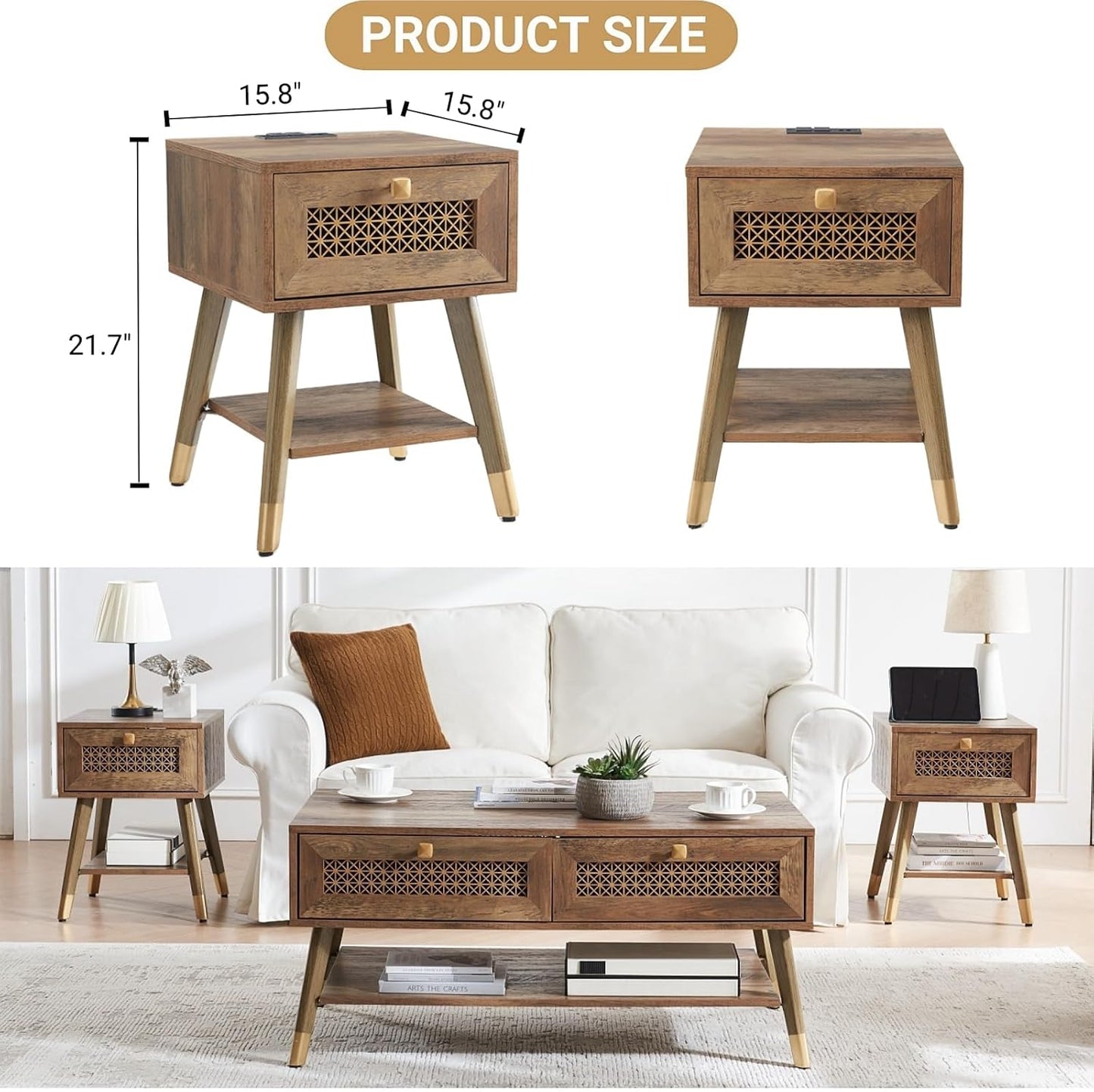 Boho Style Living Room Side Table, Wood End Table with Drawer and Shelf, Small Nightstand for Bedroom, Rustic Oak