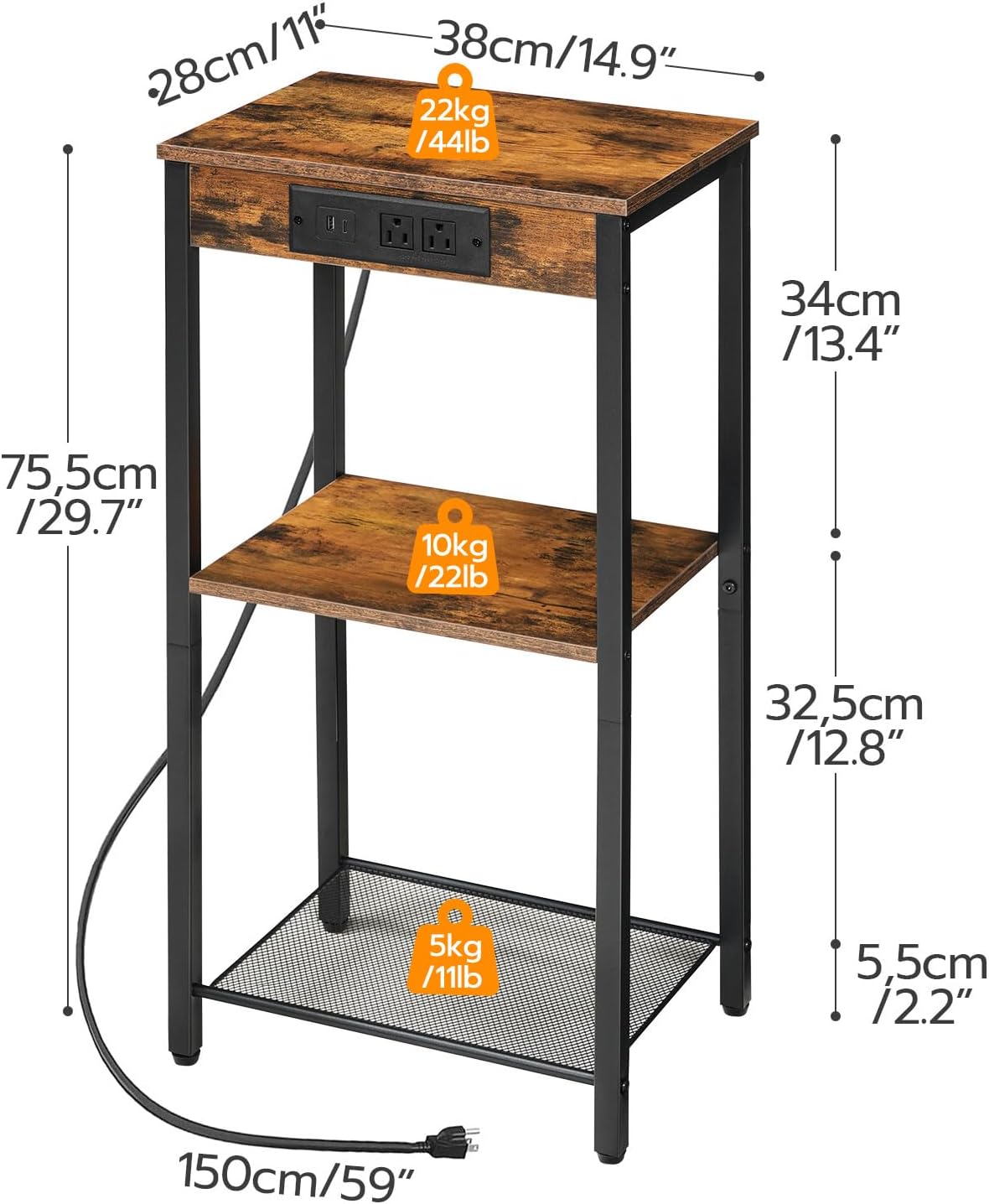 HOOBRO Tall End Table with Charging Station, 30 Inch Tall Nightstand, 3-Tier Side Table with Storage Shelves, for Living Room, Bedroom, Hallway, Rustic Brown BF09UDH01G1