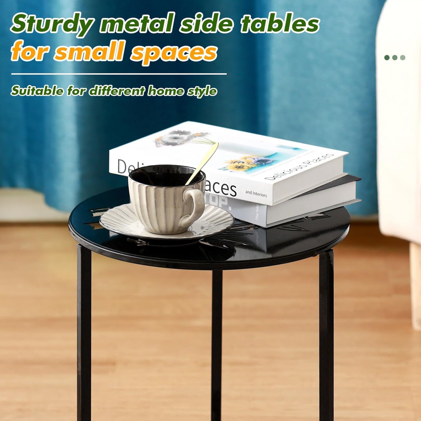 2 Packs 13" Metal Outdoor Side Tables Small Black Outside End Table for Patio Round Accent Corner Stand for Small Spaces Weather-Resistant Coffee Table for Balcony Porch Plant Stand, Bamboo Leaf