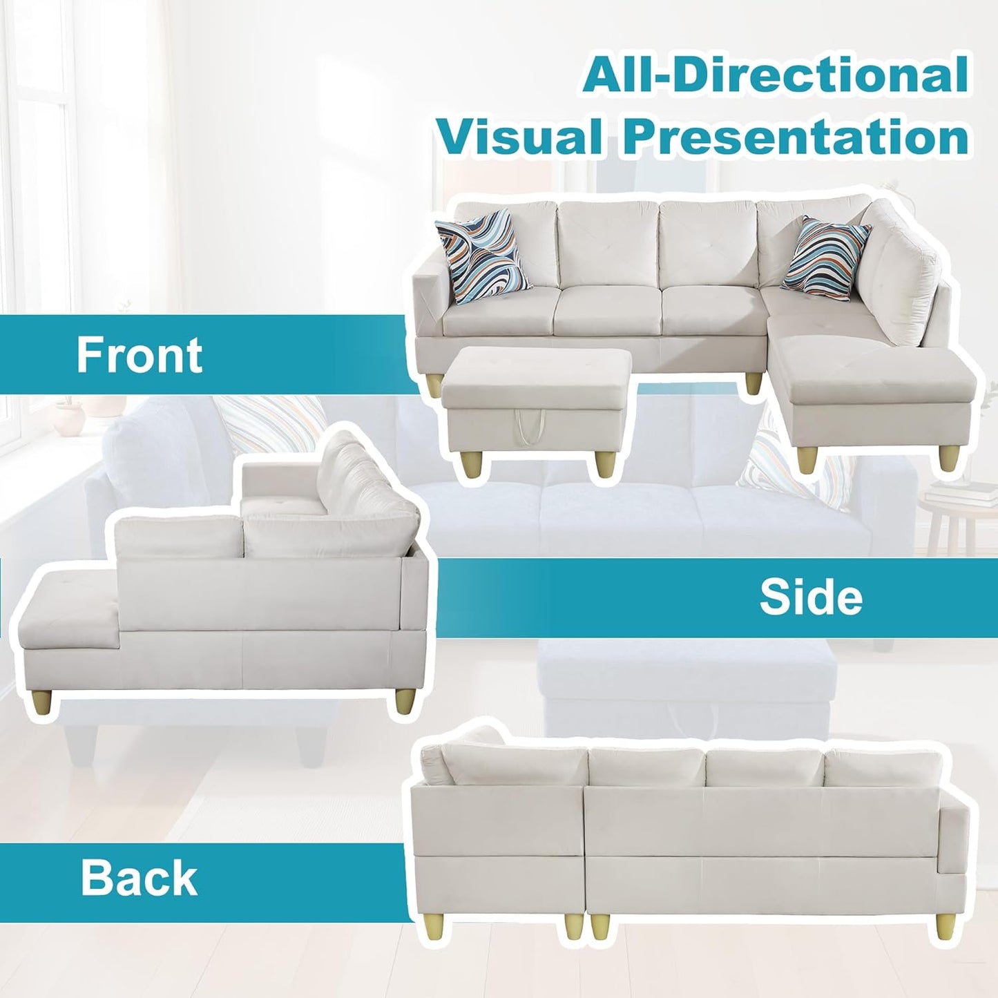 Couches for Living Room Modern L Shaped Couch Comfy Flannel Fabric 3 Pieces Sectional Sofa with Chaise, Ottoman with Storage for Office and Small Apartment, White