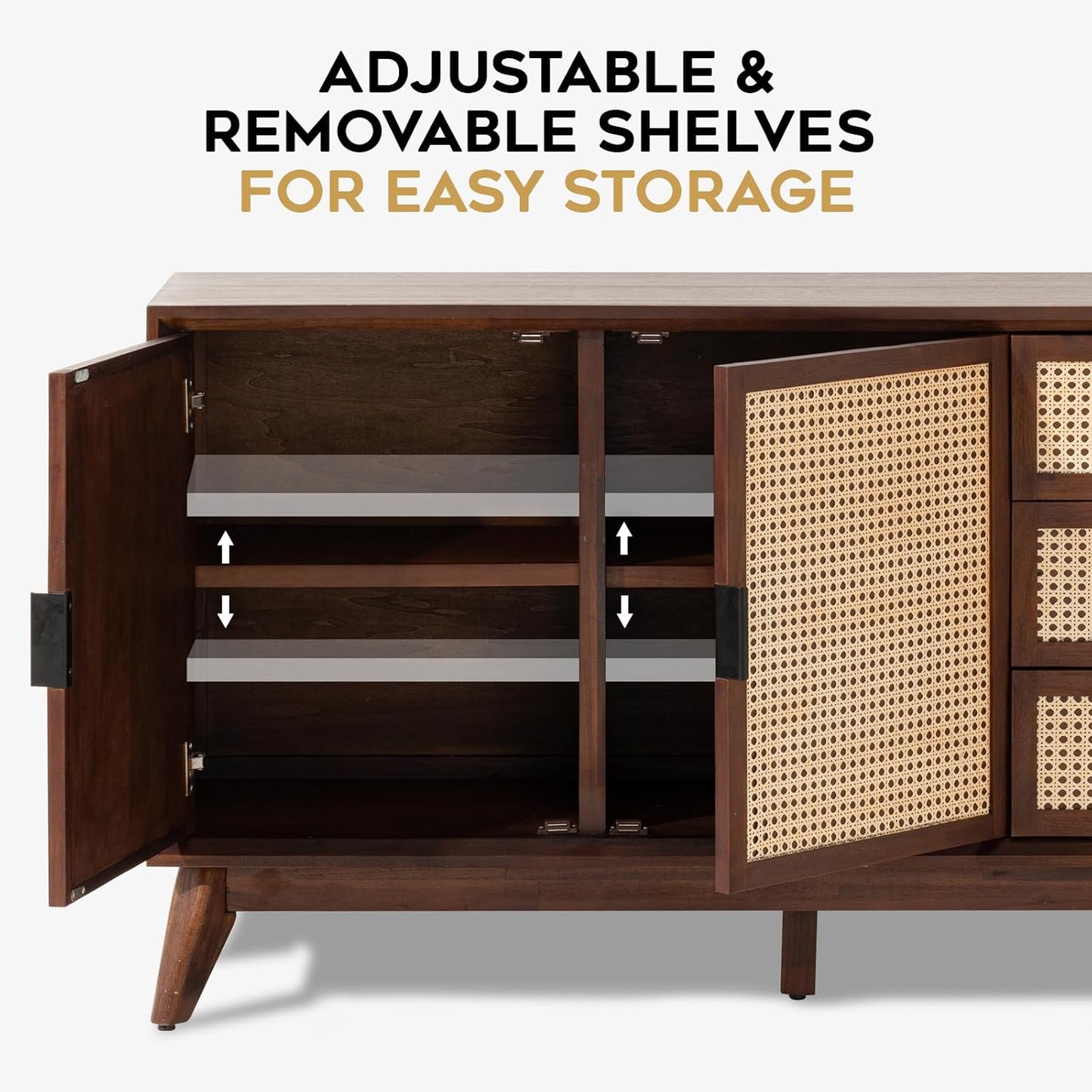 Bme Jasper Sideboard with 3 Drawers & 2 Rattan Doors, Buffet Cabinet with Storage for Dining Room, Living Room, Adjustable Shelves, Walnut