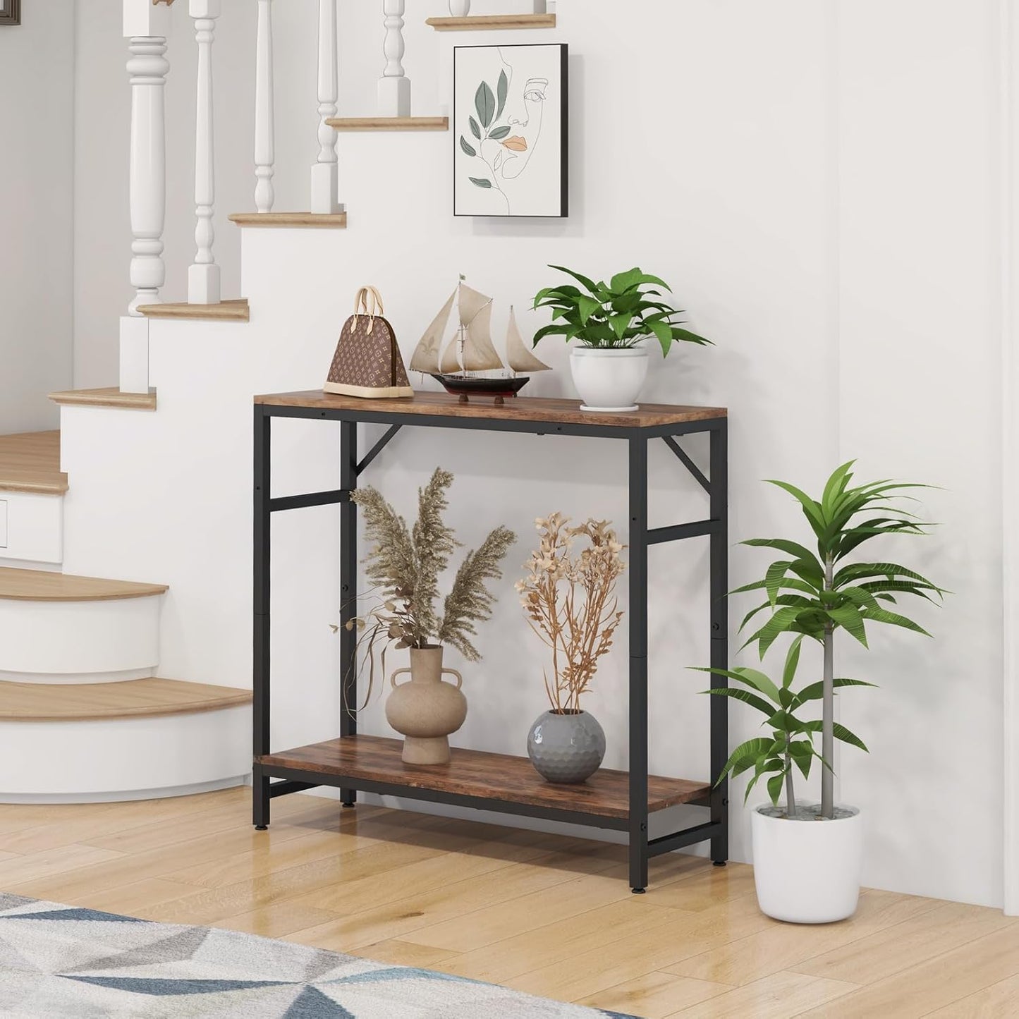 Narrow Console Table, Small Entryway Table with 2 Support Bar, 2 Tier Sofa Table, 29.5" Thin Couch Table, Display Table, Side Table for Living Room, Hallway, Bedroom, Rustic Brown