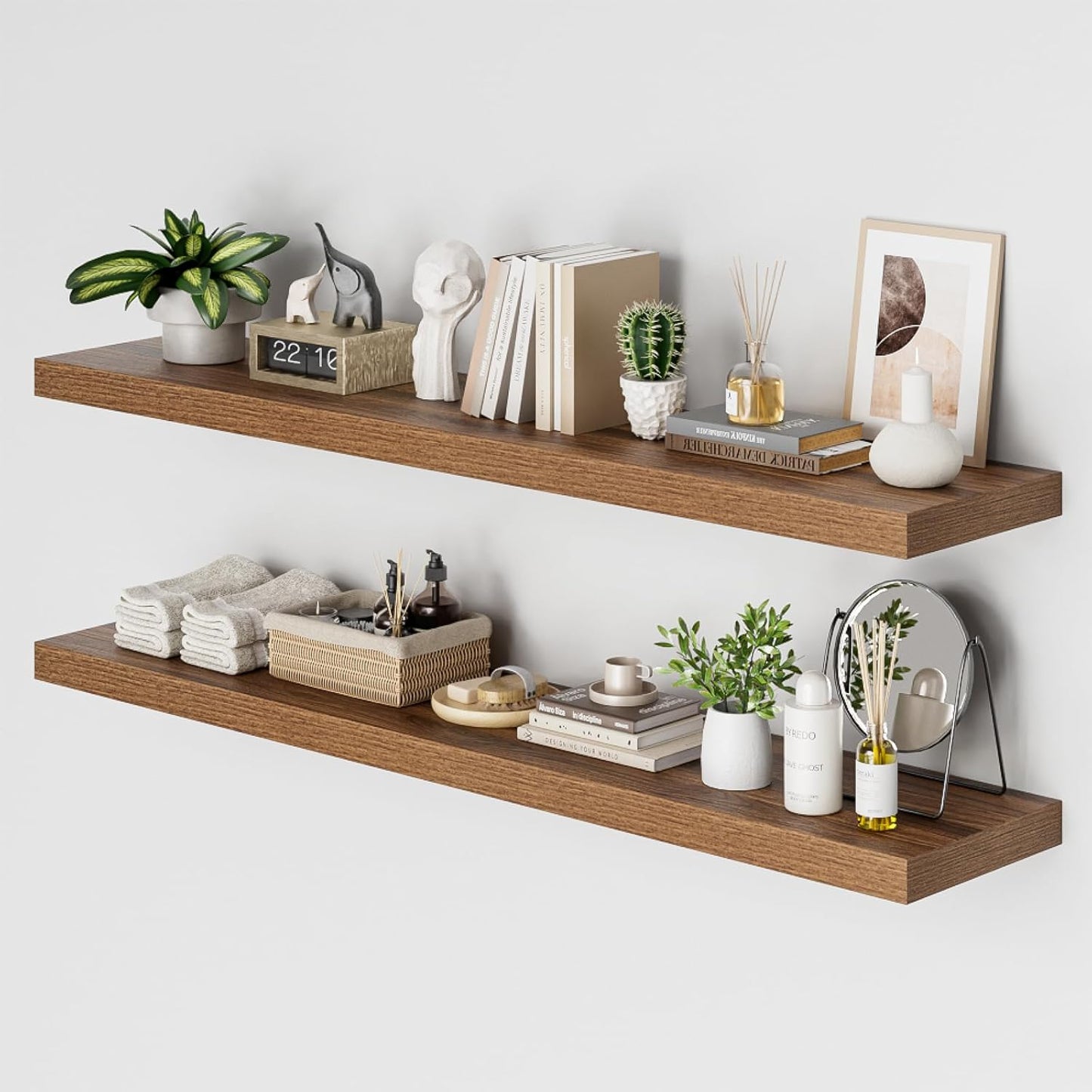Heimlove 12 Inch Deep Floating Shelves, 55 x 12 inch Extra Long Floating Shelves for Wall, Large Display Shelf & Storage Shelf for Living Room Bedroom Kitchen Home Office, Set of 2, Walnut
