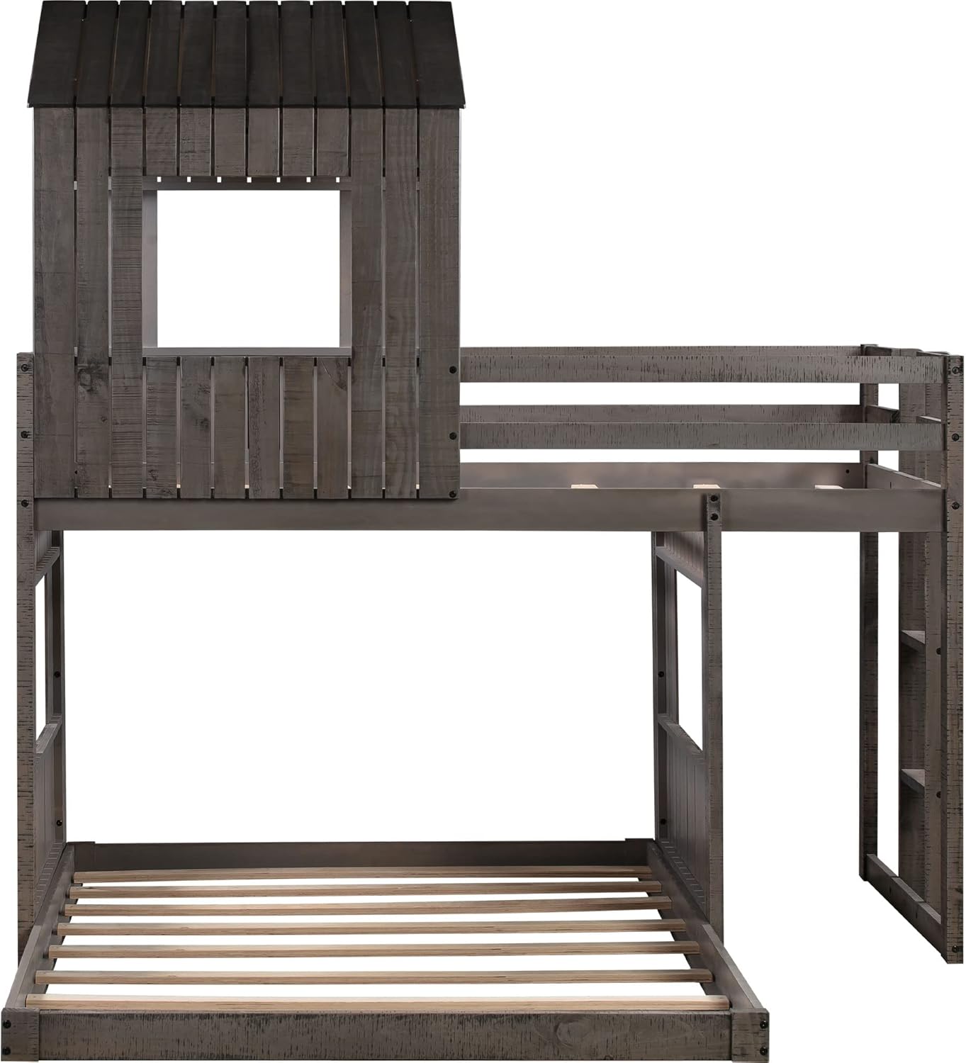 Ball & Cast Twin Over Full Playhouse Bunk Bed with Ladder and Window,Farmhouse Wood Bunkbed w/Full-Length Guard Rail & Slat Support,Space Saving,Bedroom Furniture for Student Dorms,Antique Gray