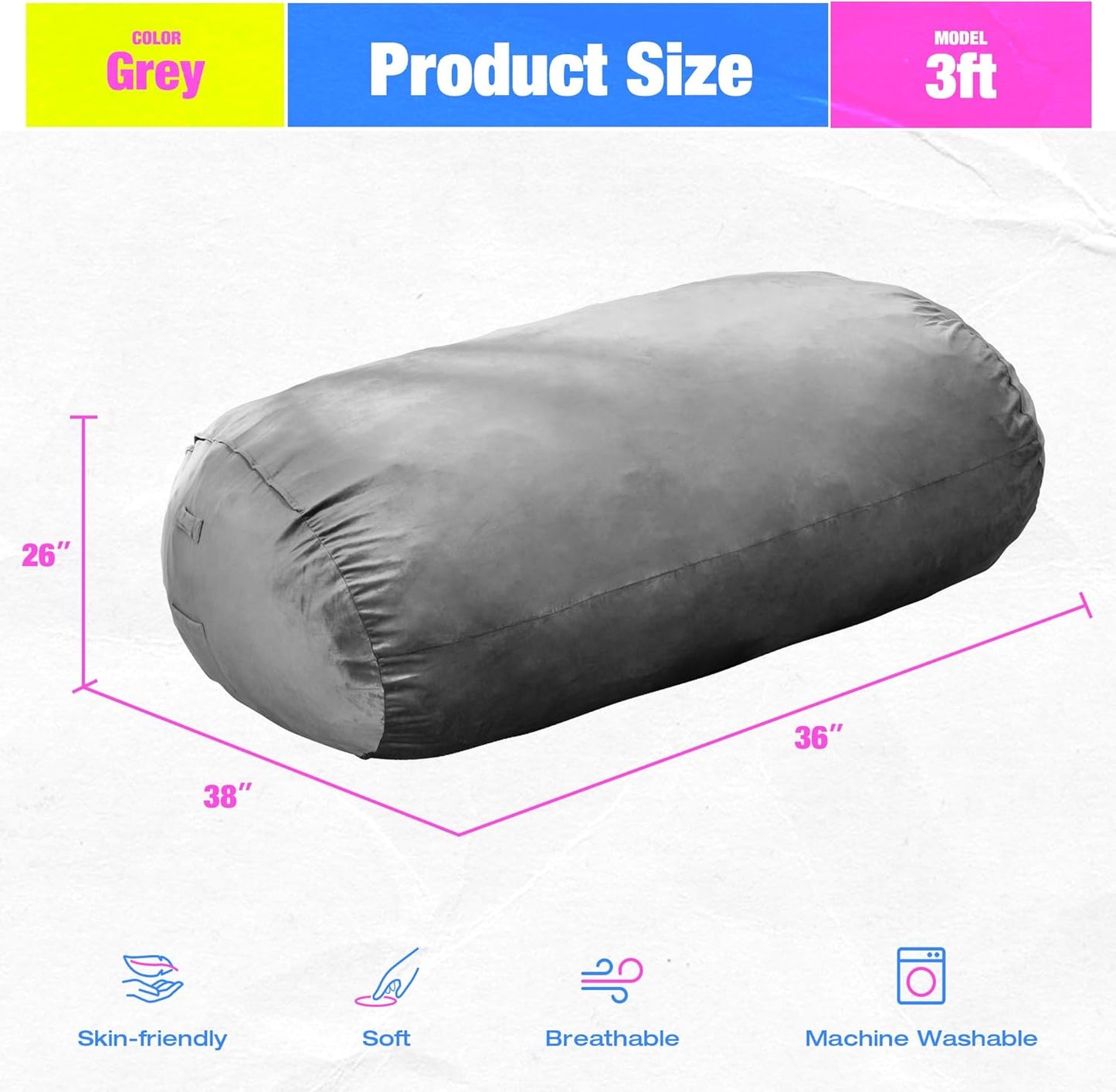 Hobestluk 3FT Bean Bag Chair Large Beanbag with Removable Cover Adult Bean Bag Chair with Portable Handle Desgin for Living Room Bedroom (Grey, 3FT)