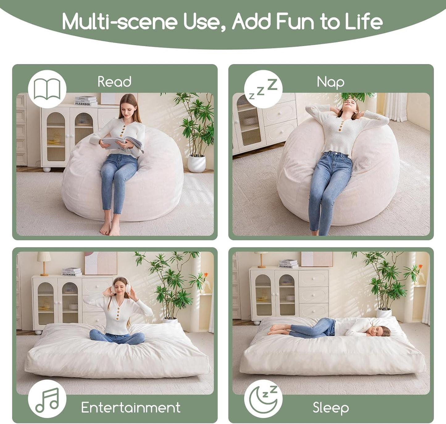 HIGOGOGO Giant Bean Bag Chair Bed for Adults,Convertible Beanbag Folds from Lazy Chair to Floor Mattress Bed,Large Floor Sofa Couch with High-Density Foam Filling, Machine Washable
