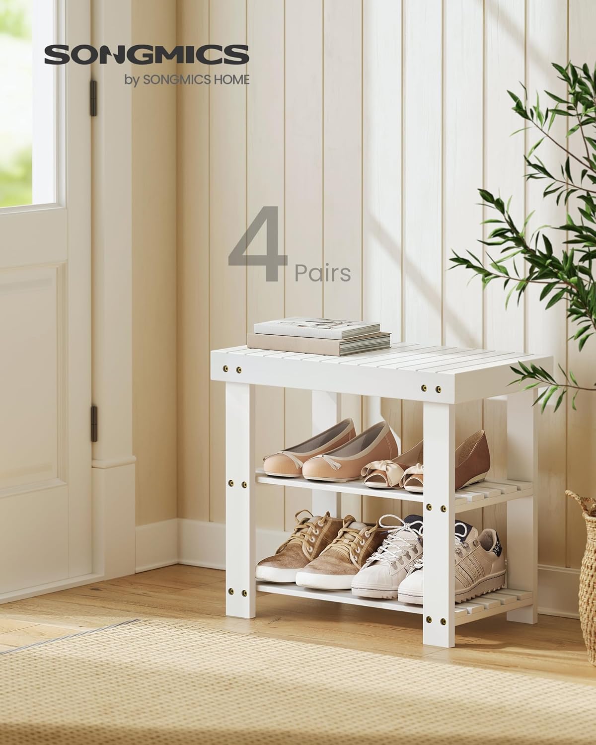 SONGMICS Shoe Rack Bench, 3-Tier Bamboo Shoe Storage Organizer, Entryway Bench, Holds Up to 286 lb, 11.3 x 19.7 x 17.8 Inches, for Entryway Bathroom Bedroom, Cloud White ULBS001W01