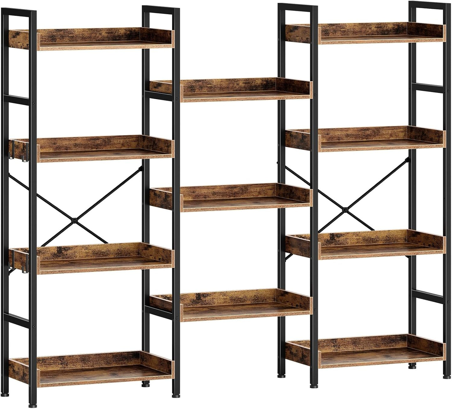 Rolanstar Bookshelf 4 Tiers with 4 Hooks, Triple Bookcase with Open Display Shelves, Industrial Wide Bookshelf with Metal Frame for Living Room, Office, Rustic Brown