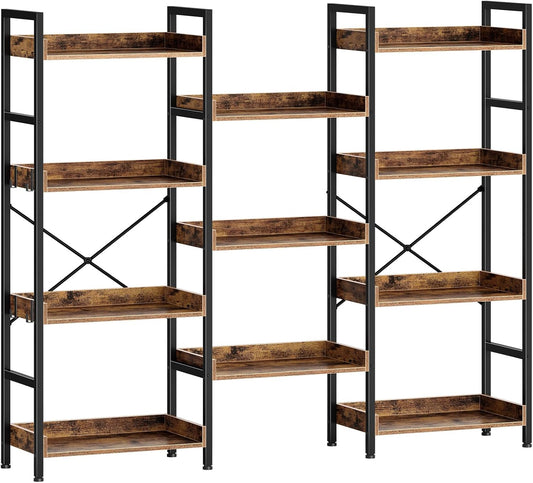 Rolanstar Bookshelf 4 Tiers with 4 Hooks, Triple Bookcase with Open Display Shelves, Industrial Wide Bookshelf with Metal Frame for Living Room, Office, Rustic Brown