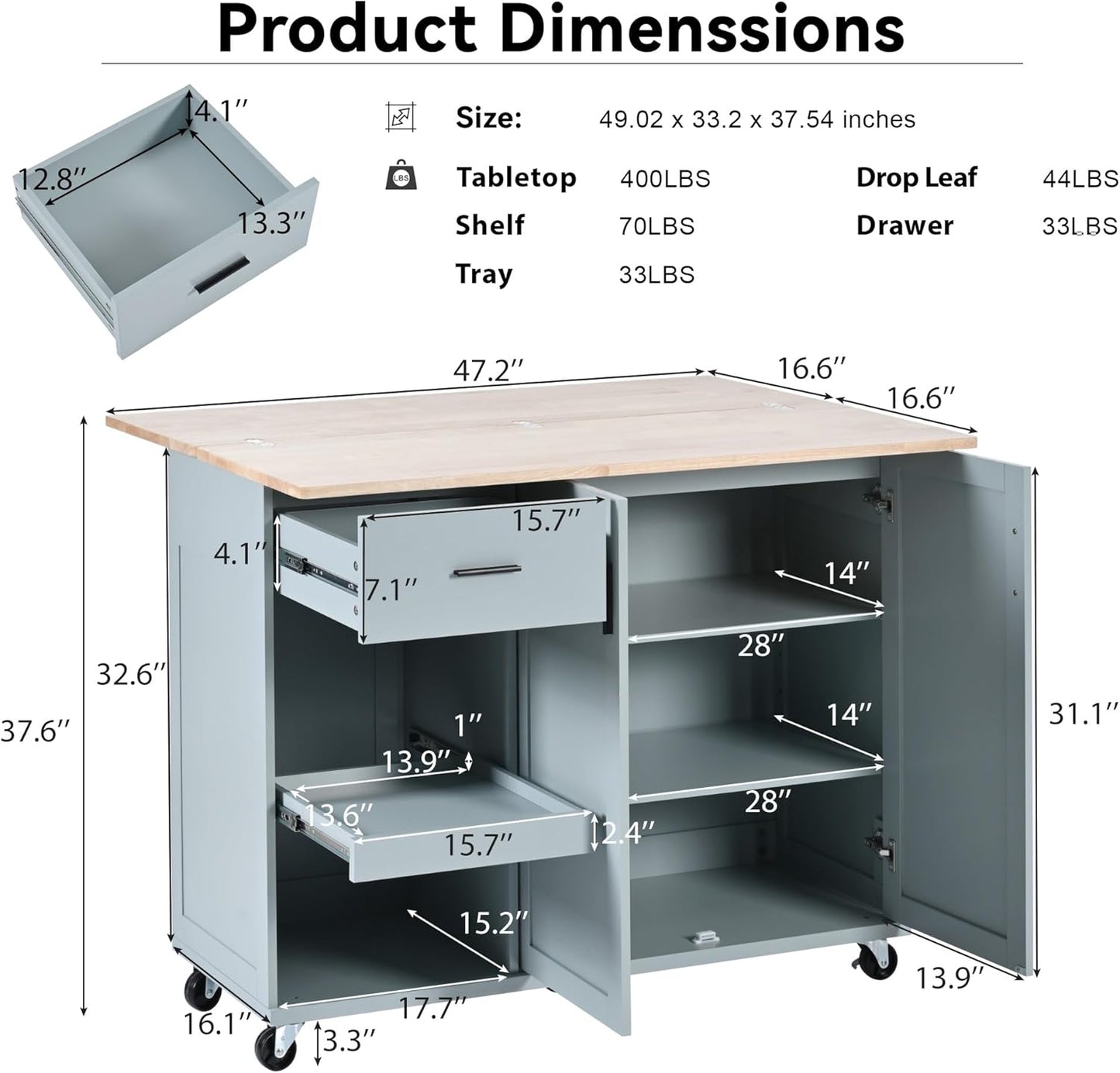 49" Kitchen Island with Foldable Counter Top,Kitchen Storage Cart W/Slide-Out Shelf,Towel Rack and Drawer,Rolling Kitchen Cart on Wheels,for Kitchen,Living Room,Dining Room,Grey Blue