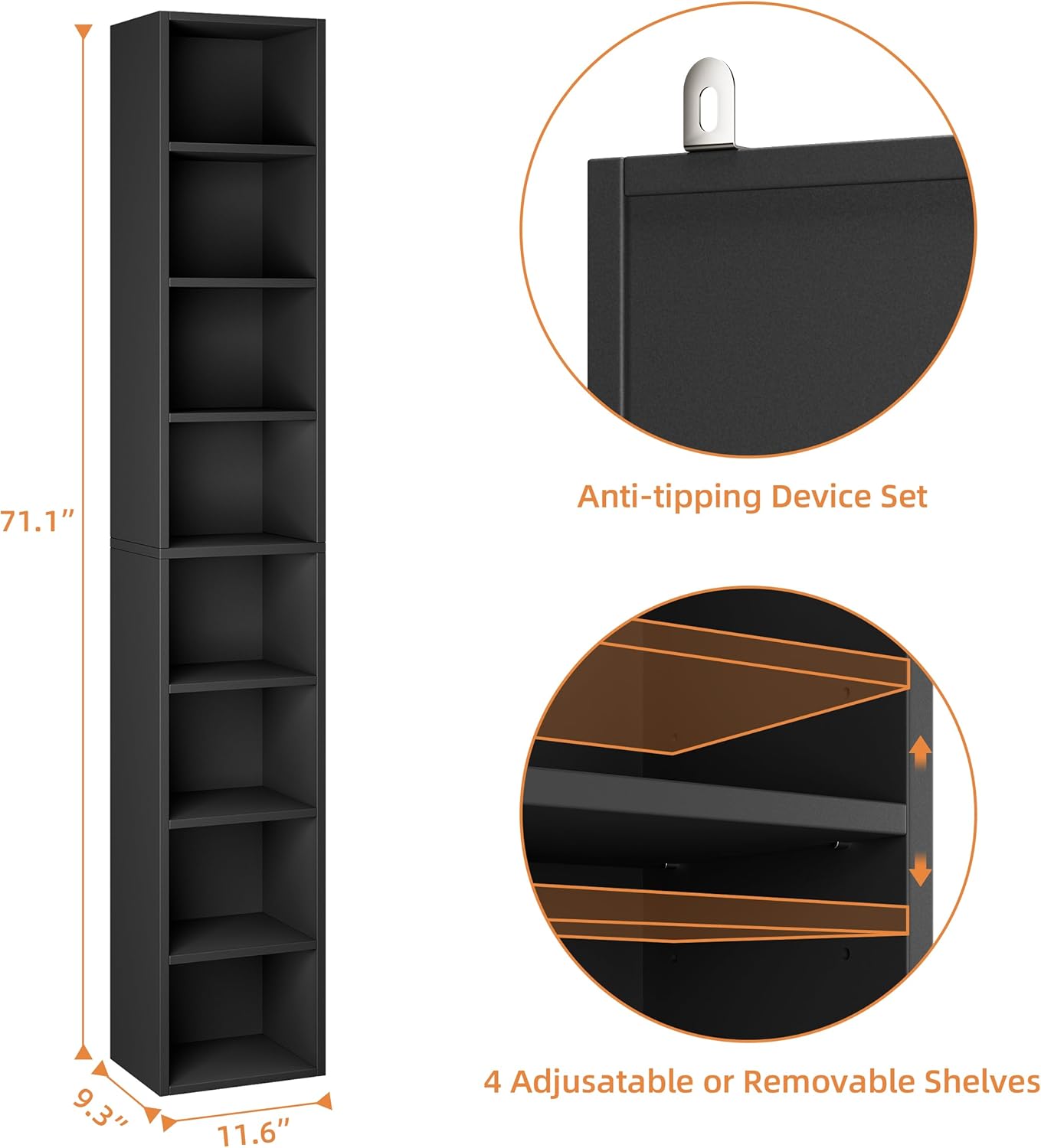 Bamjoy 71 Inches Tall Narrow Bookcase, 8-Tier Slim CD DVD Media Tower Rack, Corner Bookshelf with Adjustable Shelves, Cube Skinny Bookshelf for Home Office Small Space, Black