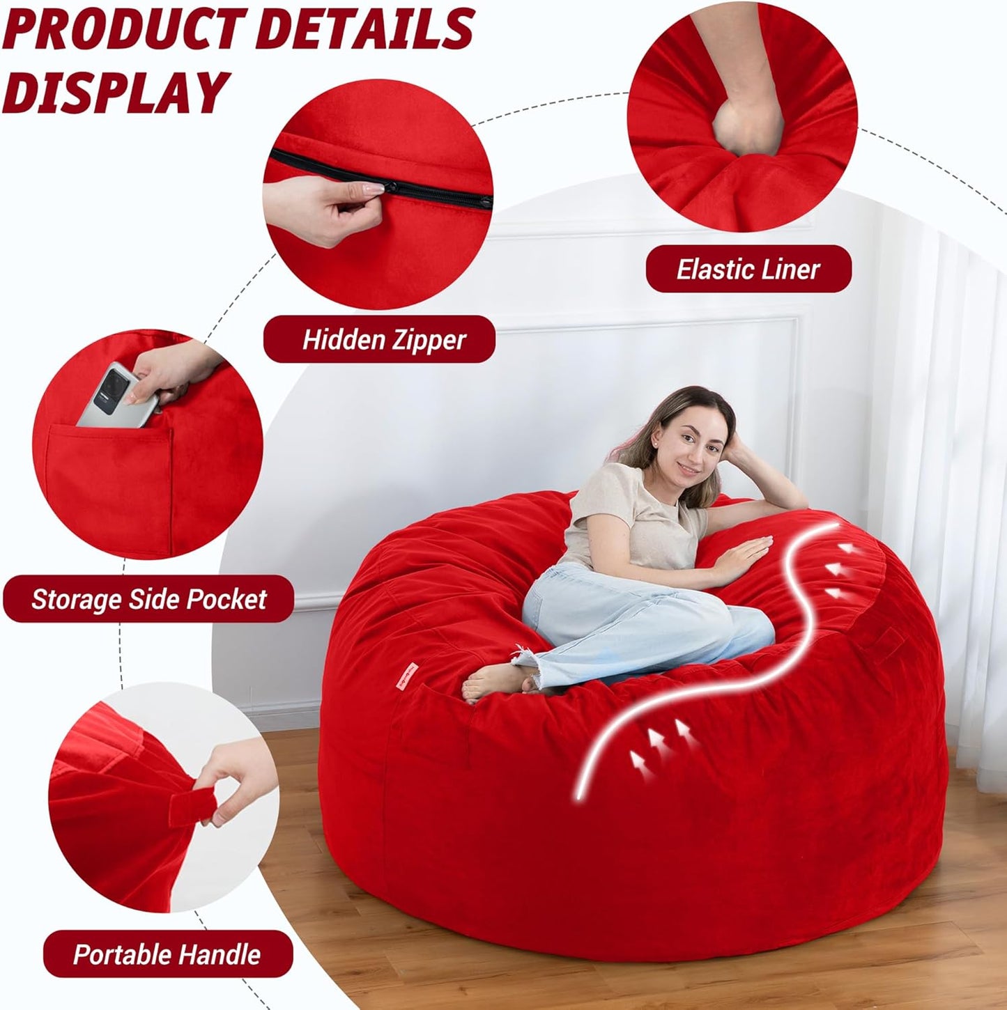 5FT Bean Bag Chair with Ultra Soft Velvet Cover Bean Bag Sofa with Memory Foam Bean Bag Chairs with Large Size Lazy Sofa for Dorm Office Living Room Bedroom Red 5'