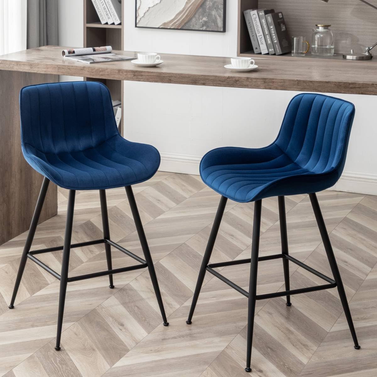 Bar Stools Set of 2 - Luxury Bar Stools Counter Height Barstool 24 Inch Seat Height Upholstered Velvet Barstool Set of 2 Blue Counter Stools for Kitchen Island, Home Counter, Bar Pub (Blue).