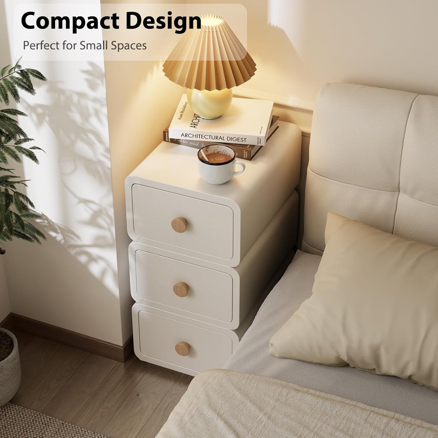 White Night Stand, Narrow Nightstand with Drawers, Modern Nightstand for Bedroom, Dorm and Living Room.