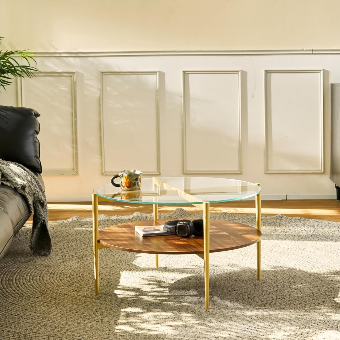 Saint Mossi BLEVIO Glass Round Coffee Table, Middle-Century Modern Style, Perfect for Living Room, Clear Glass Top & Walnut Brown MDF Wood Top, with Gold Finish Legs & Frame