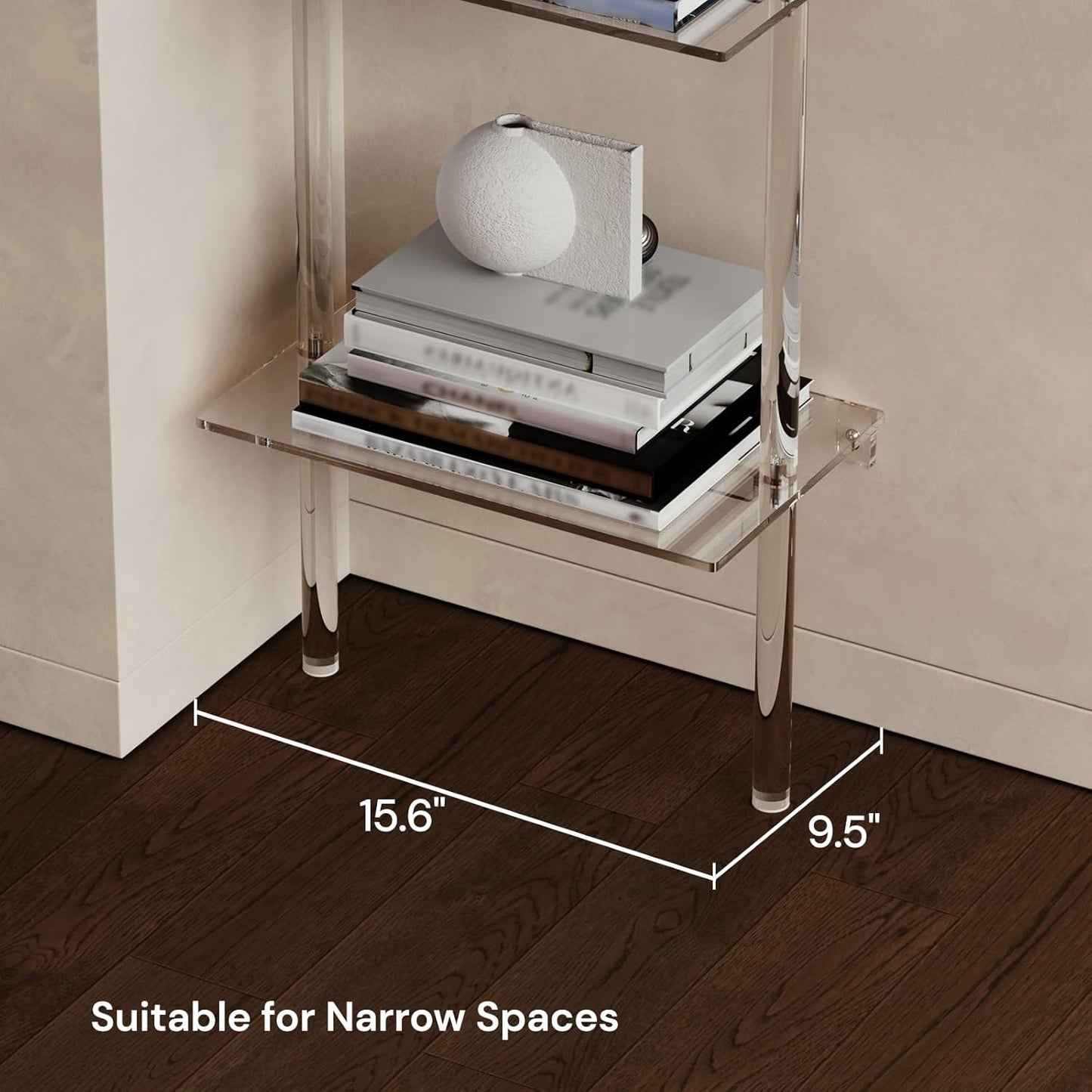 Small Acrylic Ladder Bookshelf, 9.5" D x 15.6" W, 6-Tier Clear Wall Mounted Book Shelf for Small Spaces, Multipurpose Bookcase for Living Room, Bathroom, Office, Modern, 86" H