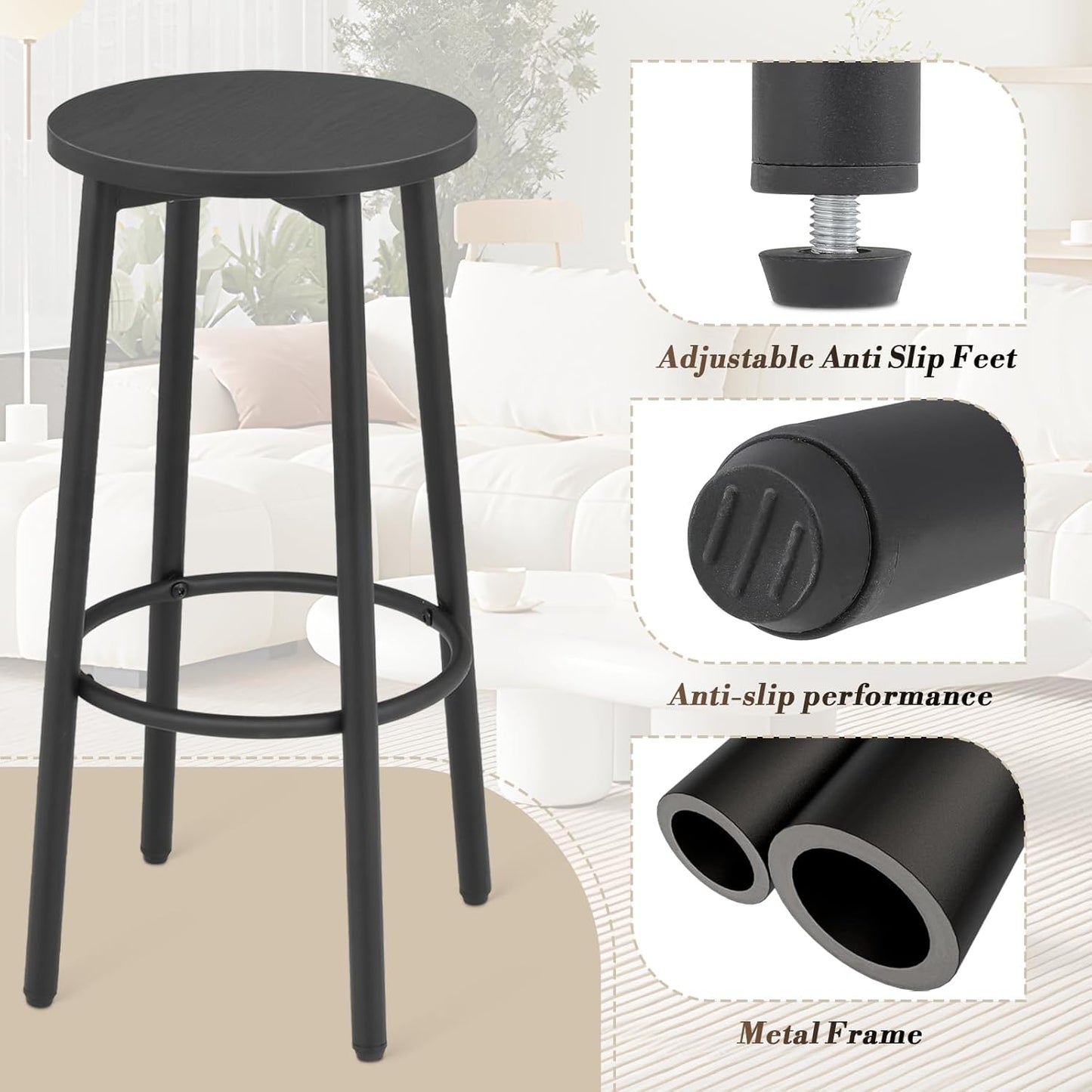Athena Collection Bar Stools Set of 2, 25.5 Inches Round Counter Height Bar Stools Backless with Metal Legs and Footrest, Wood Barstools for Home, Kitchen Island, Counter, Black