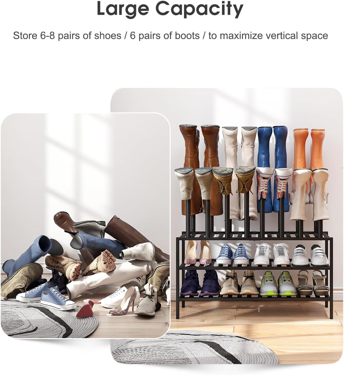 Black Boot Rack, Long Boot Rack Organizer Tall Boots with Shoe Rack for Closet, Bamboo Wood Shoe Shelf Storage Organizer for Entryway Small Space