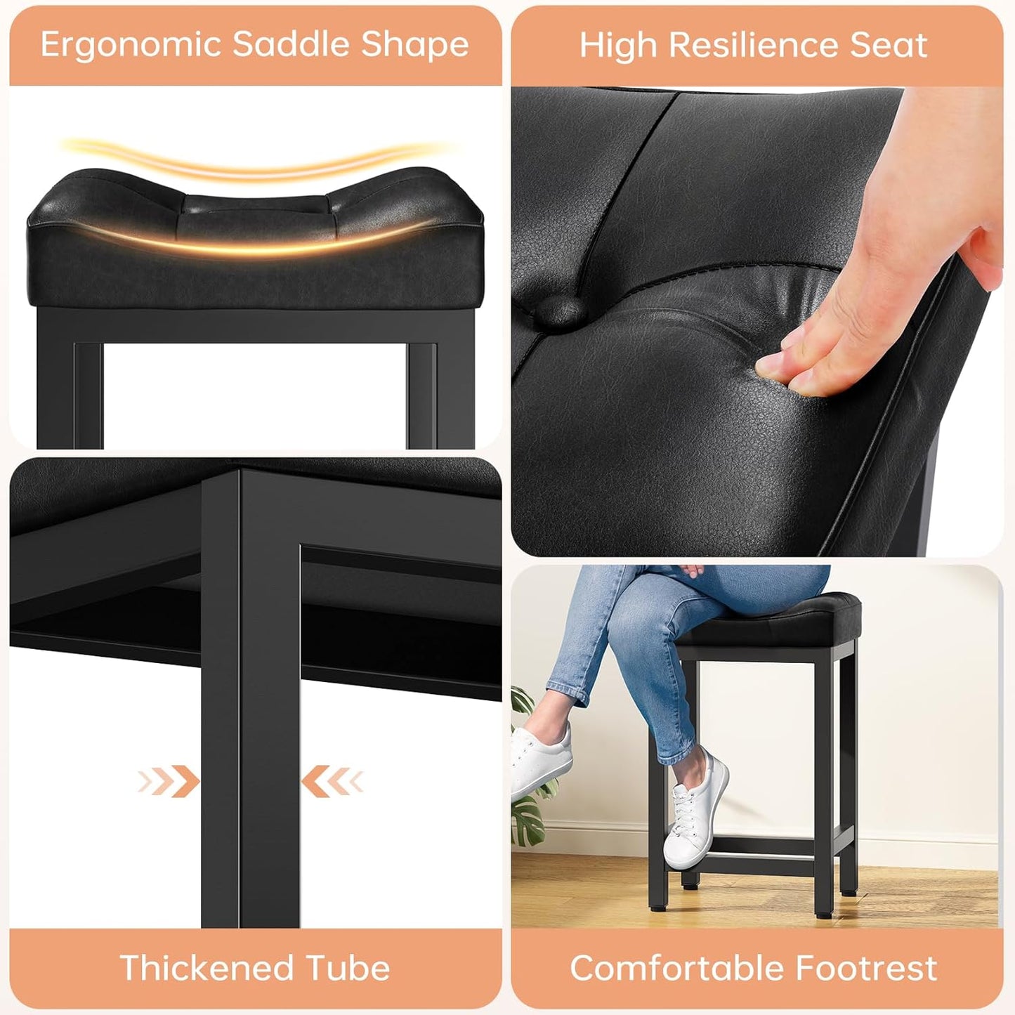 Dripex Modern Backless Bar Stools with 4" Thick Seats, Faux Leather Heavy Duty Saddle Counter Height Barstool with Solid Metal Legs for Kitchen Island, Black