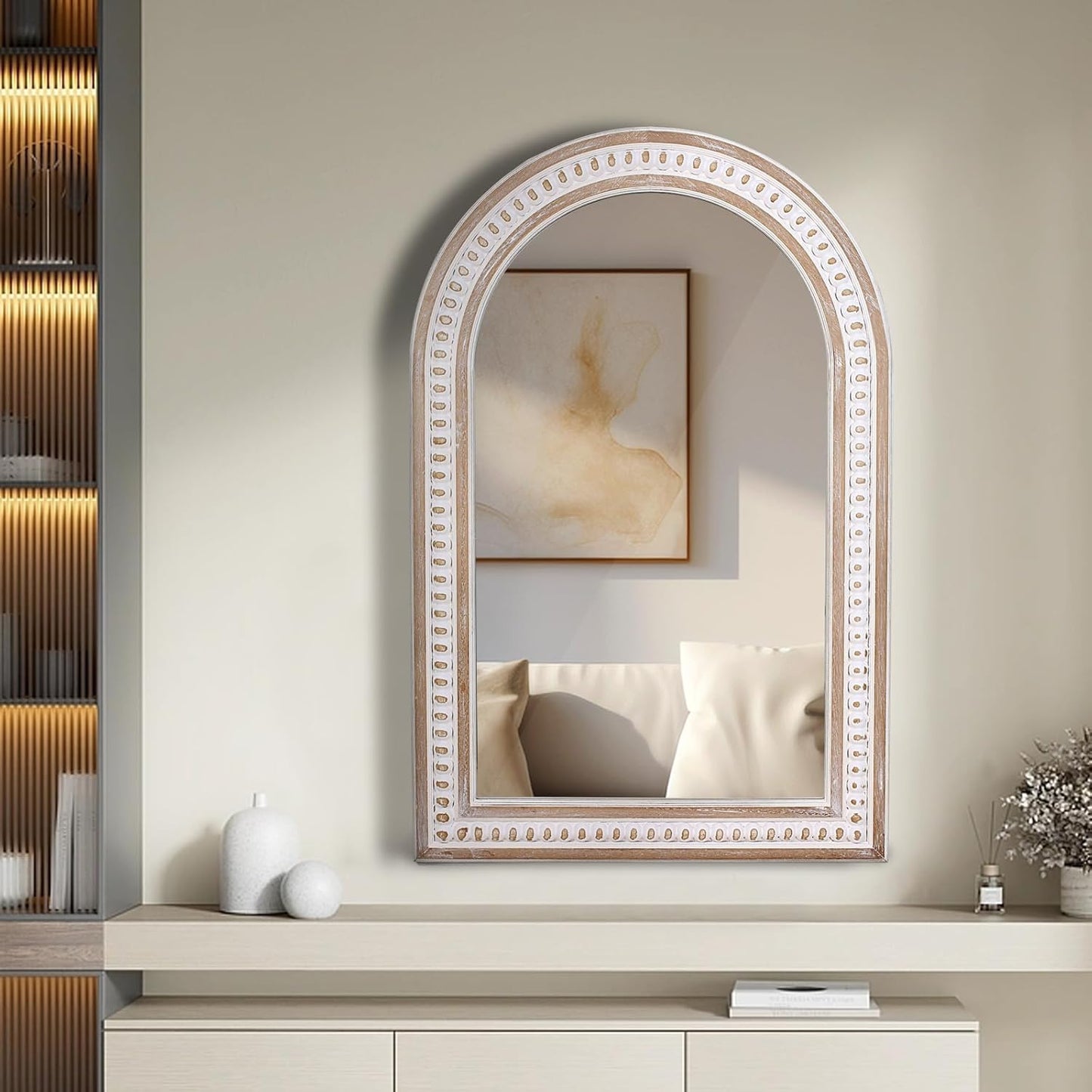 36x24 Boho Wooden Arched Wall Mirror with Beaded, Rustic Farmhouse Decorative Arch Mirrors for Bathroom Vanity, Living Room, Entryway, or Foyer