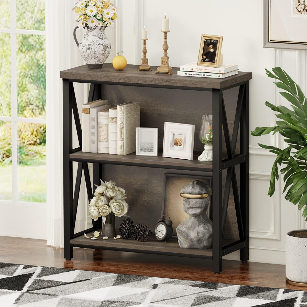 FATORRI Rustic Small 3 Shelf Bookshelf for Living Room, Industrial Low Wood Bookcase, Farmhouse Short Book Shelf for Small Space (Walnut Brown)