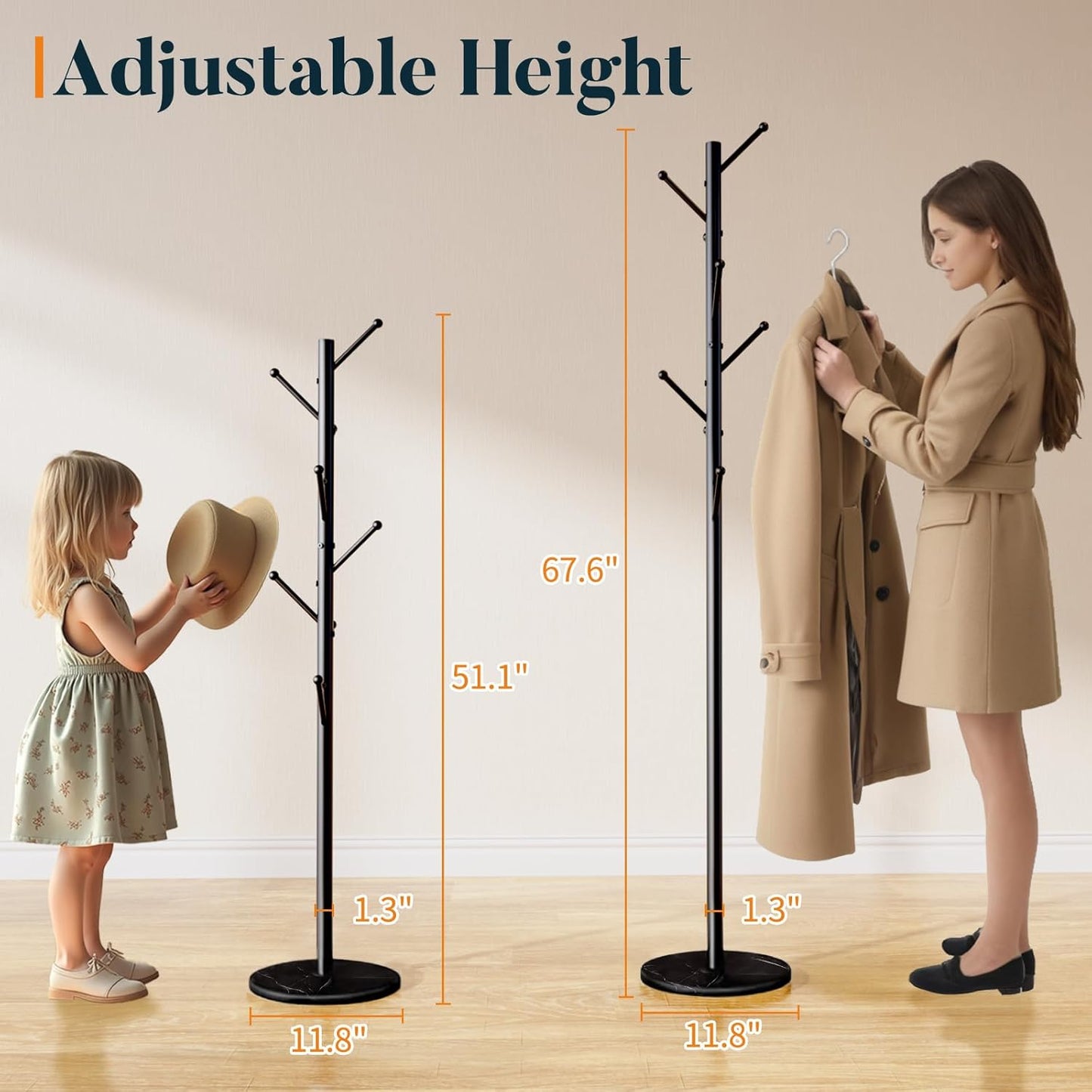 Yoobure Coat Rack Freestanding with Natural Marble Base - Coat Tree with 8 Hooks Heavy Duty Coat Hanger Stand, Metal Coat Rack Stand for Jacket, Hat, Clothes & Bag, Hall Tree Hat Rack for Entryway
