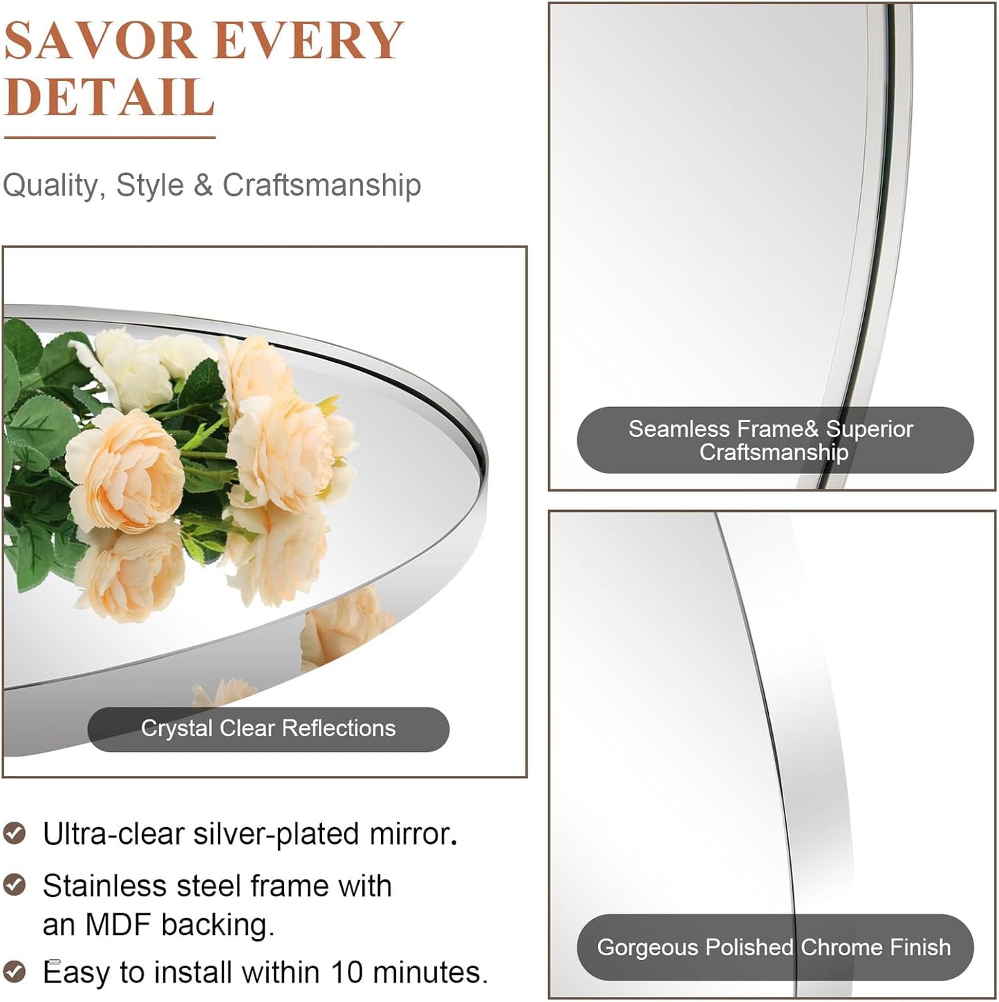 ANDY STAR Chrome Bathroom Mirror, 24x32 Inch Polished Chrome Oval Wall Mirror for Bathroom, Modern Chrome Wall Mirror Pill Shaped Stainless Steel Metal Mirror